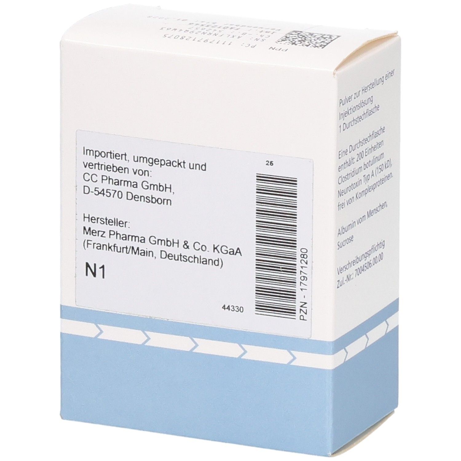 XEOMIN, importiert und vertrieben von CC Pharma GmbH, hergestellt von Merz Pharma GmbH & Co. KGaA.