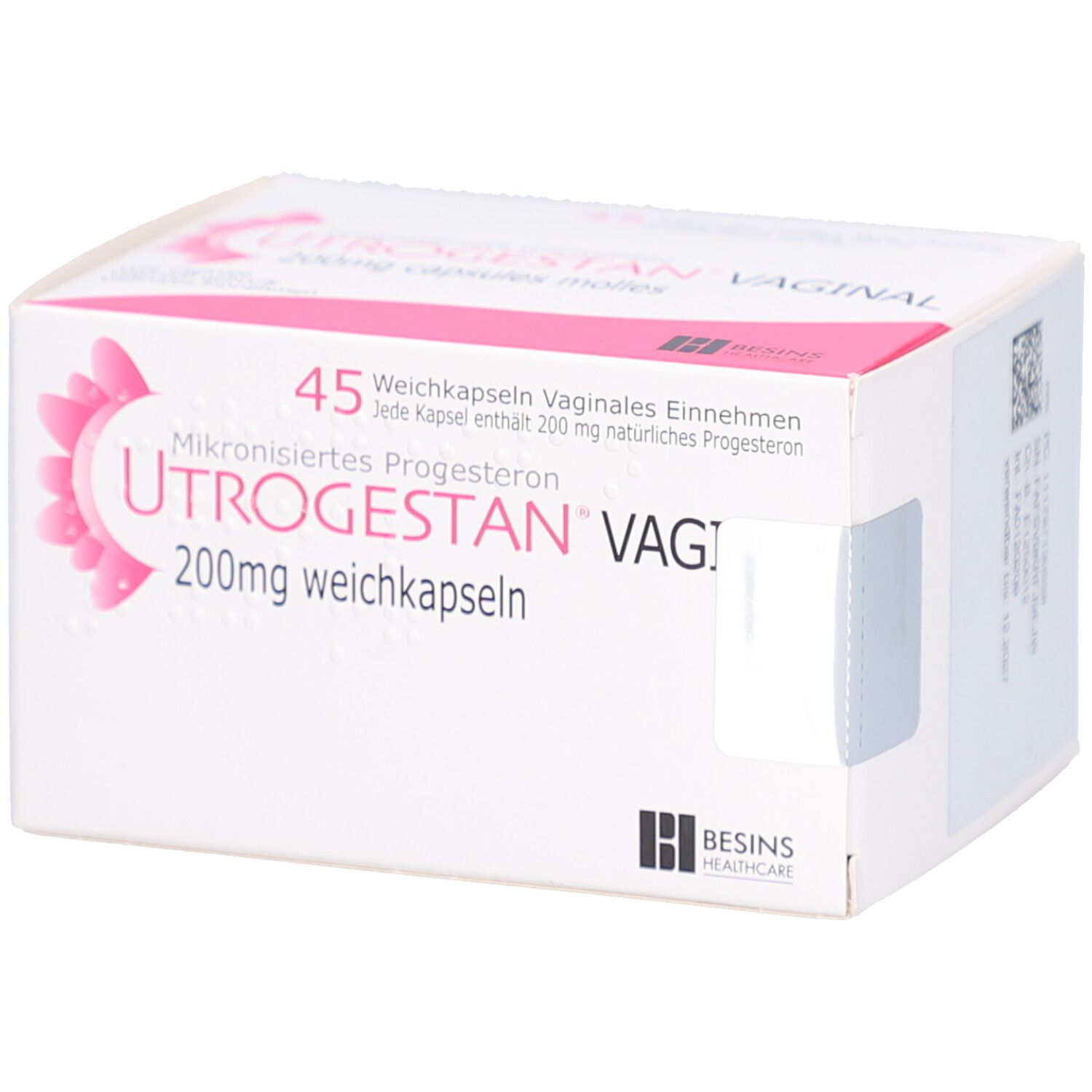Weiße Schachtel mit rosa Akzenten. Aufschrift: UTROGESTAN VAGINAL 200mg weichkapseln. 45 Weichkapseln.