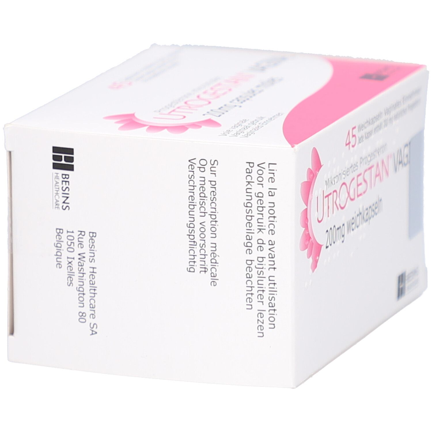Weiße Schachtel, rosa Akzente. Text: UTROGESTAN VAGINAL. Besins Healthcare. Text in mehreren Sprachen.