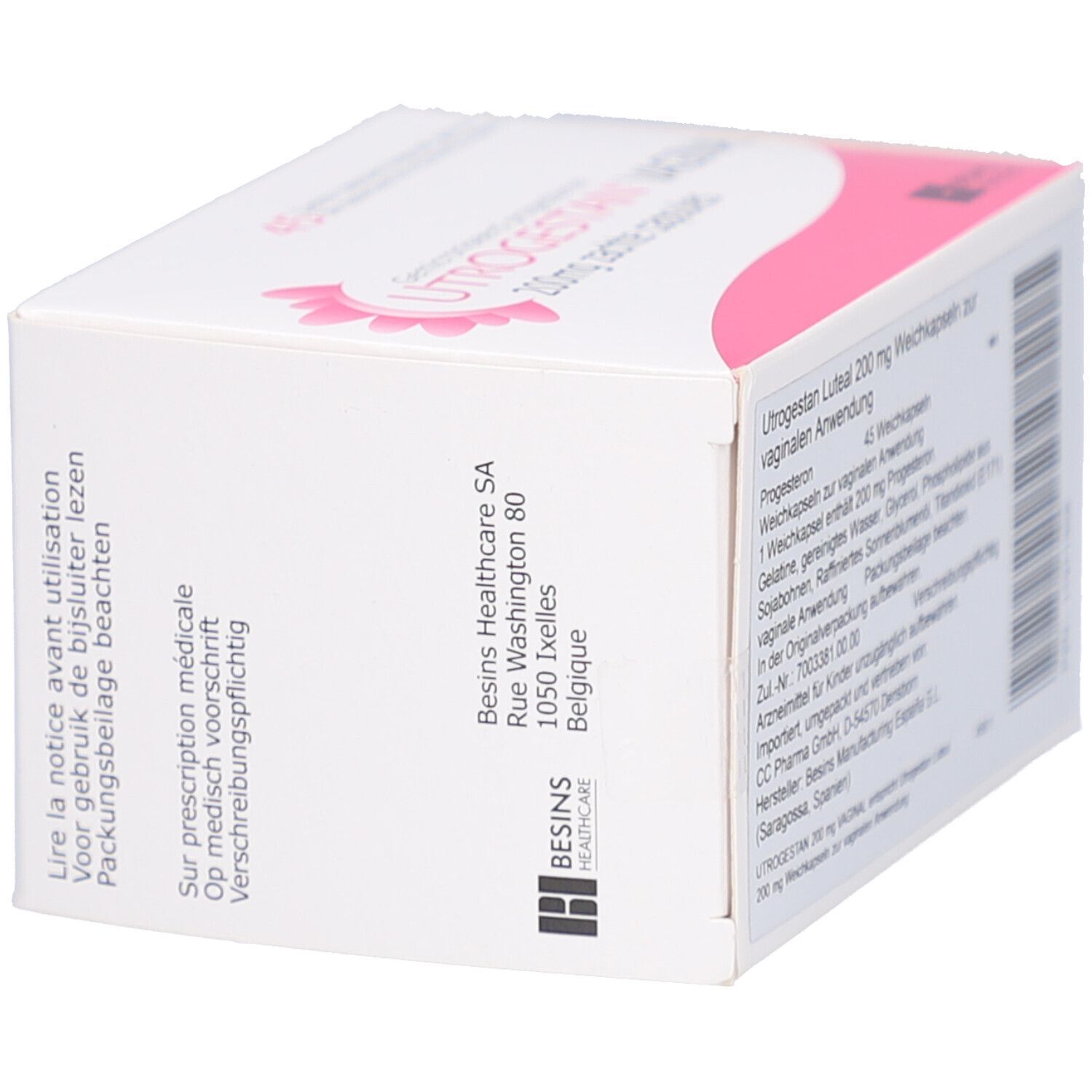 Weiße Schachtel, rosa Akzente. Text: UTROGESTAN Luteal 200 mg Weichkapseln. Herstellerangaben.
