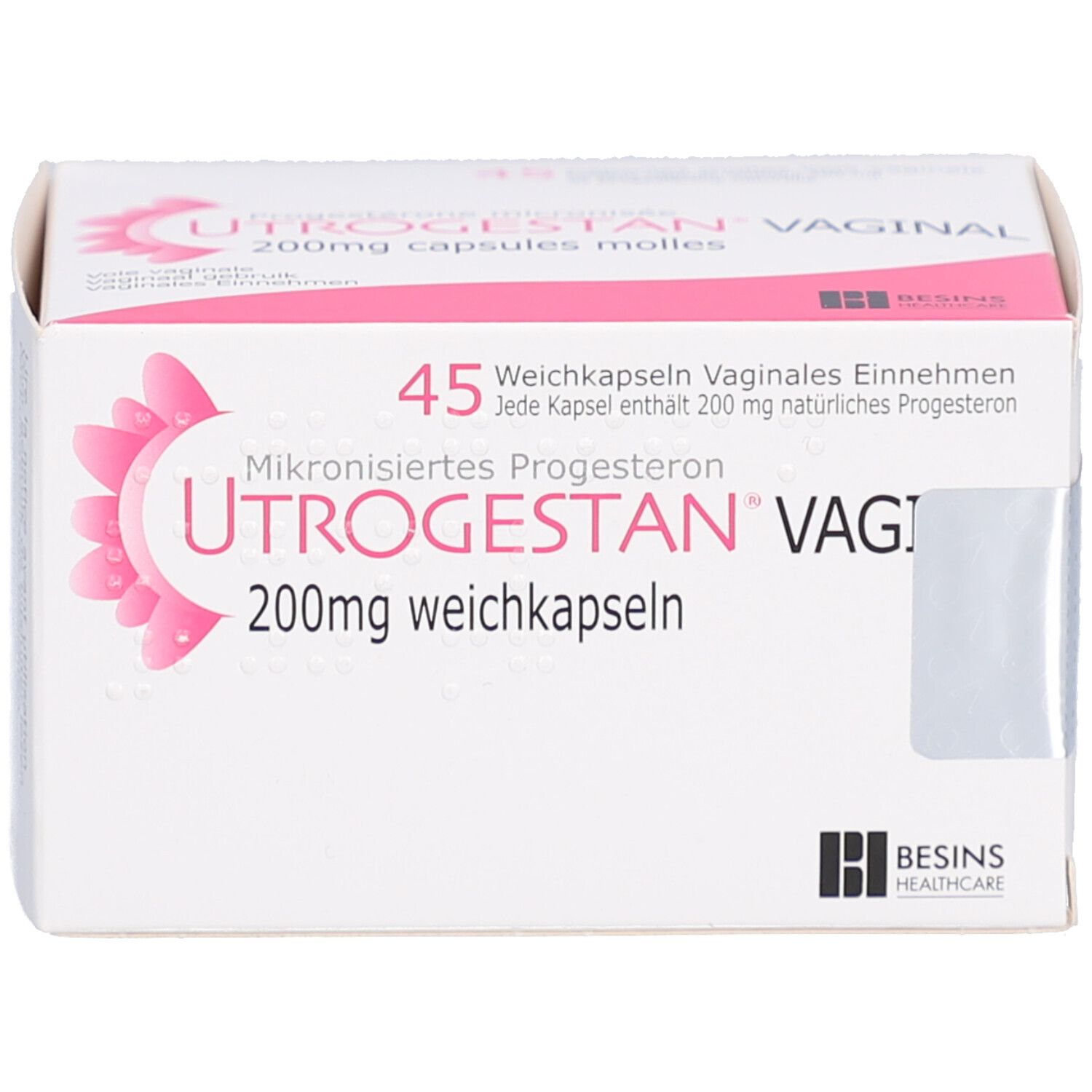Weiße Schachtel mit rosa Akzenten. Aufschrift: UTROGESTAN VAGINAL 200mg weichkapseln. 45 Weichkapseln.