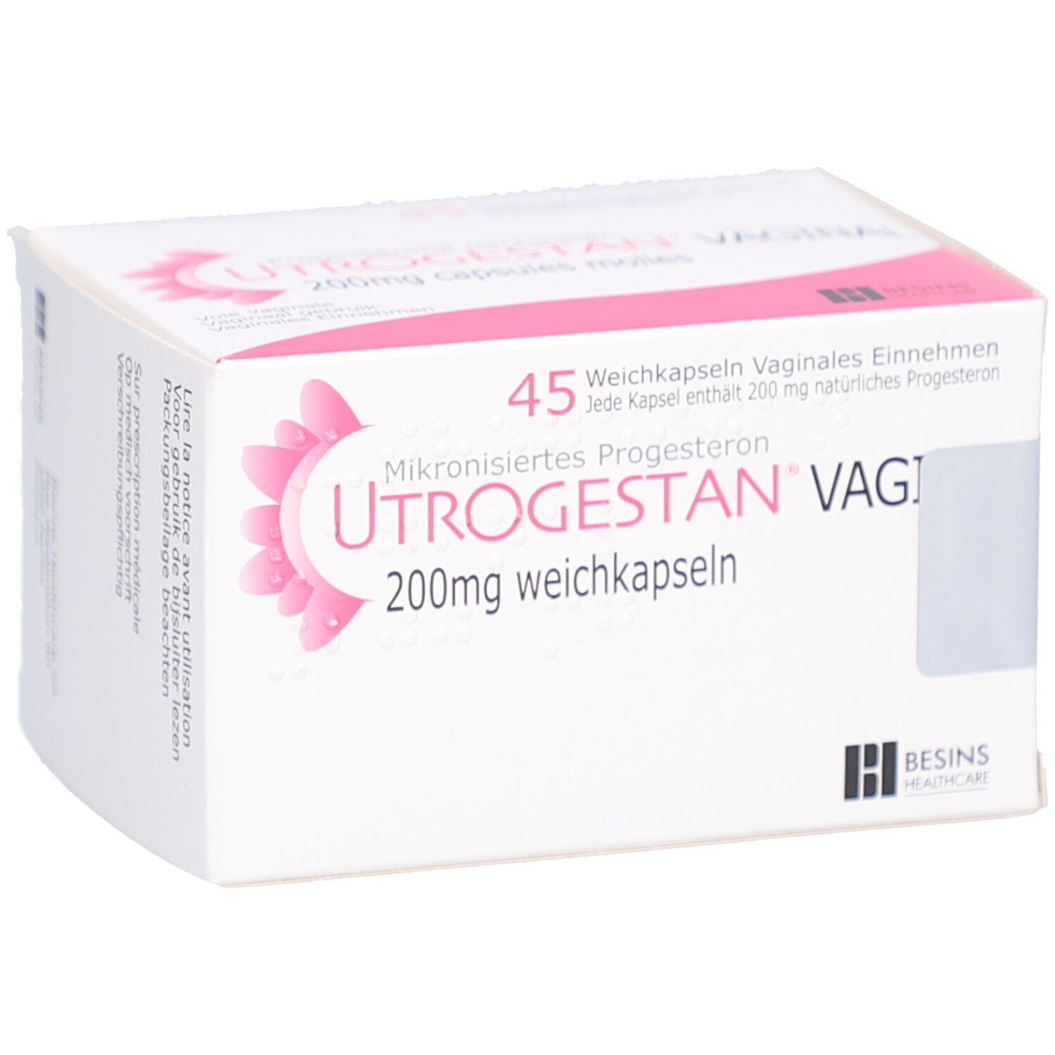 Weiße Schachtel mit rosa Akzenten. Aufschrift: UTROGESTAN VAGINAL 200mg weichkapseln. 45 Weichkapseln.
