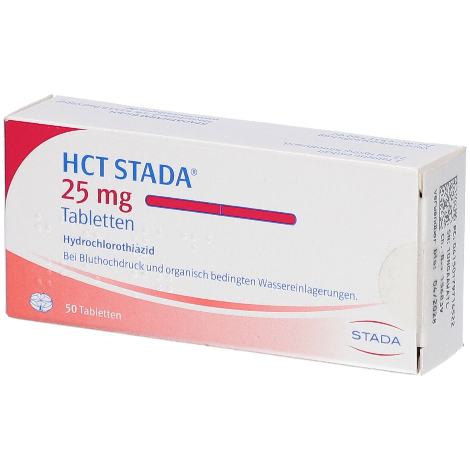 Schachtel mit HCT STADA 25 mg Tabletten. Aufschrift: Hydrochlorothiazid, 50 Tabletten. Roter Streifen. STADA Logo.