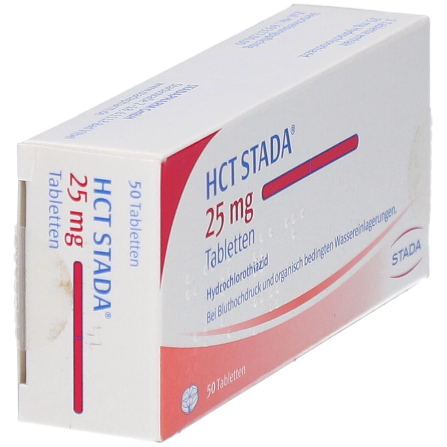 Schachtel mit HCT STADA 25 mg Tabletten. Aufschrift: Hydrochlorothiazid, 50 Tabletten. Roter Streifen. STADA Logo.