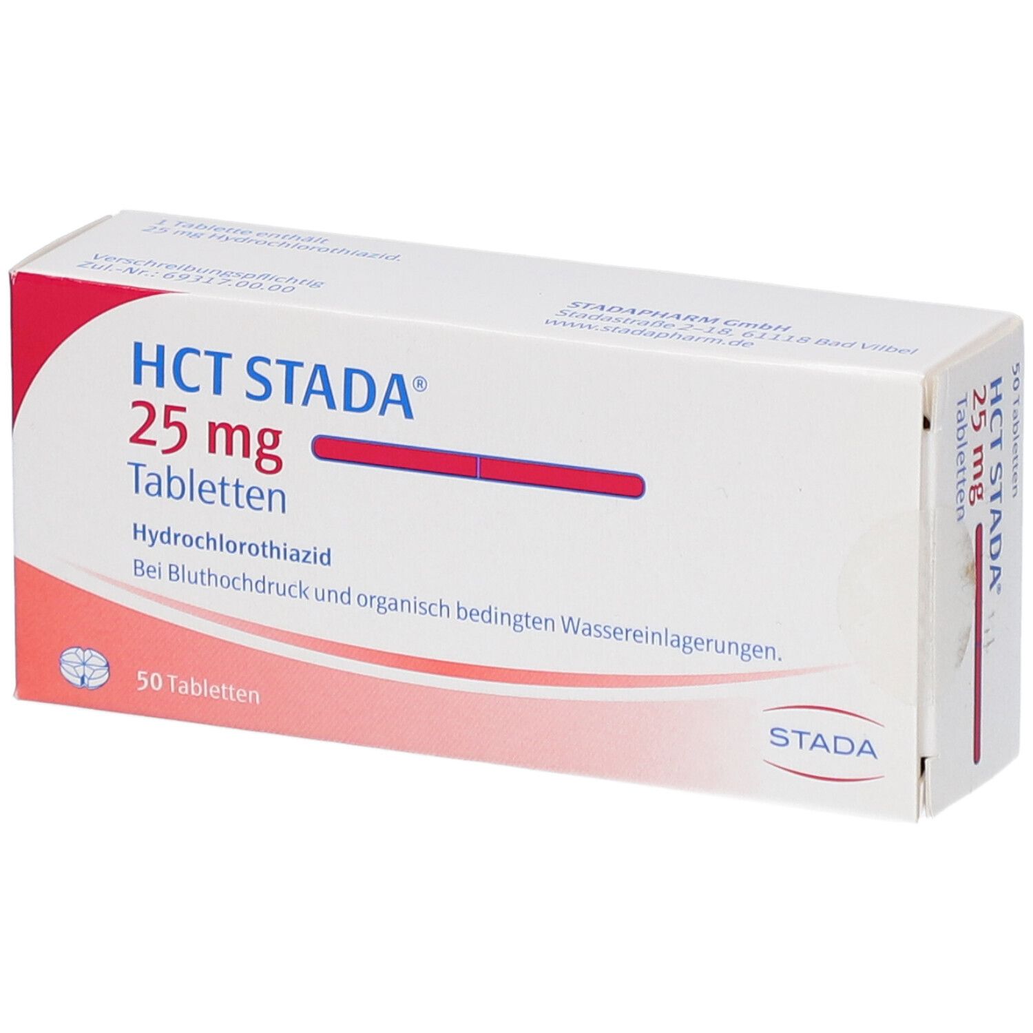 Schachtel mit HCT STADA 25 mg Tabletten. Aufschrift: Hydrochlorothiazid, 50 Tabletten. Roter Streifen. STADA Logo.