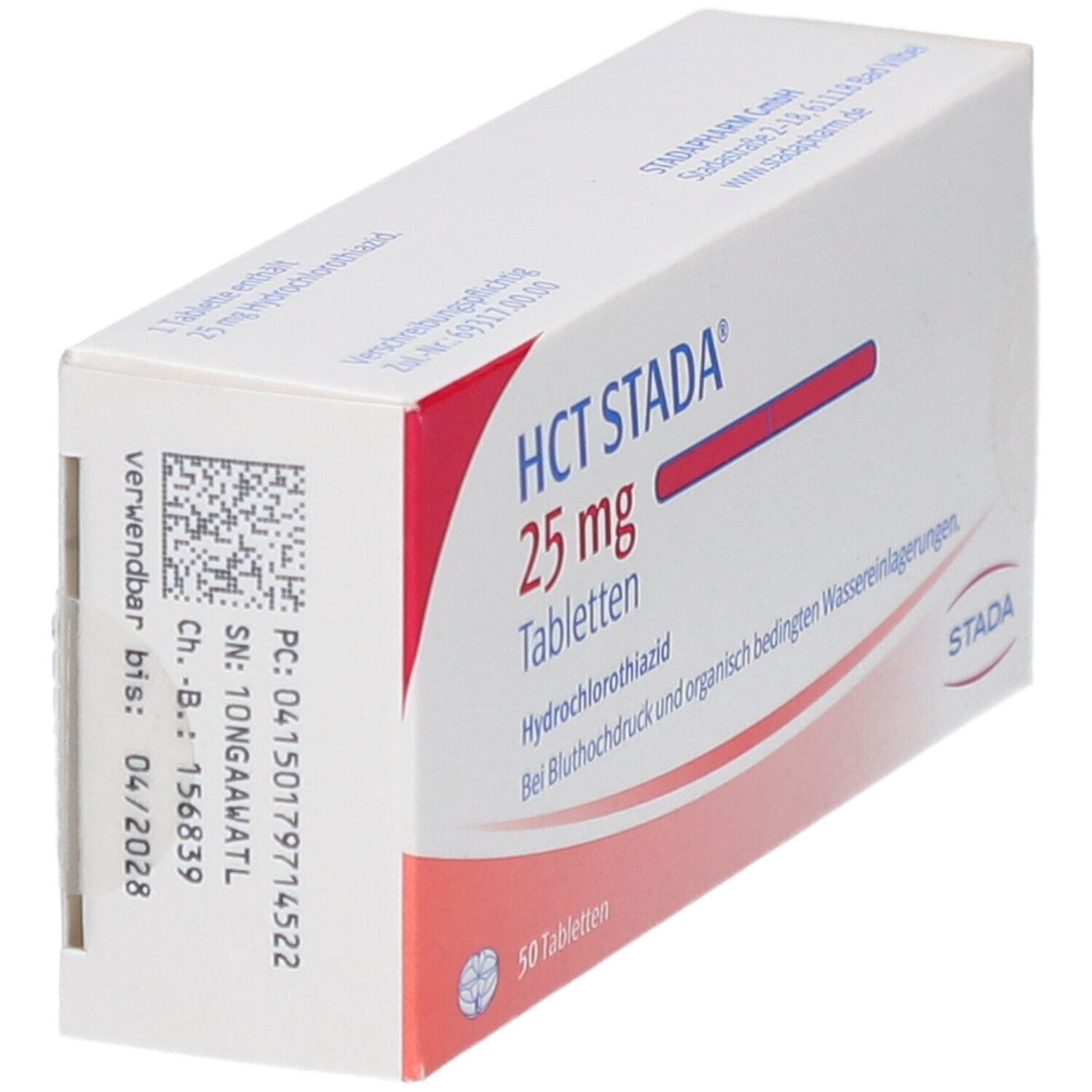 Schachtel mit HCT STADA 25 mg Tabletten. Aufschrift: Hydrochlorothiazid, 50 Tabletten. Roter Streifen. STADA Logo.