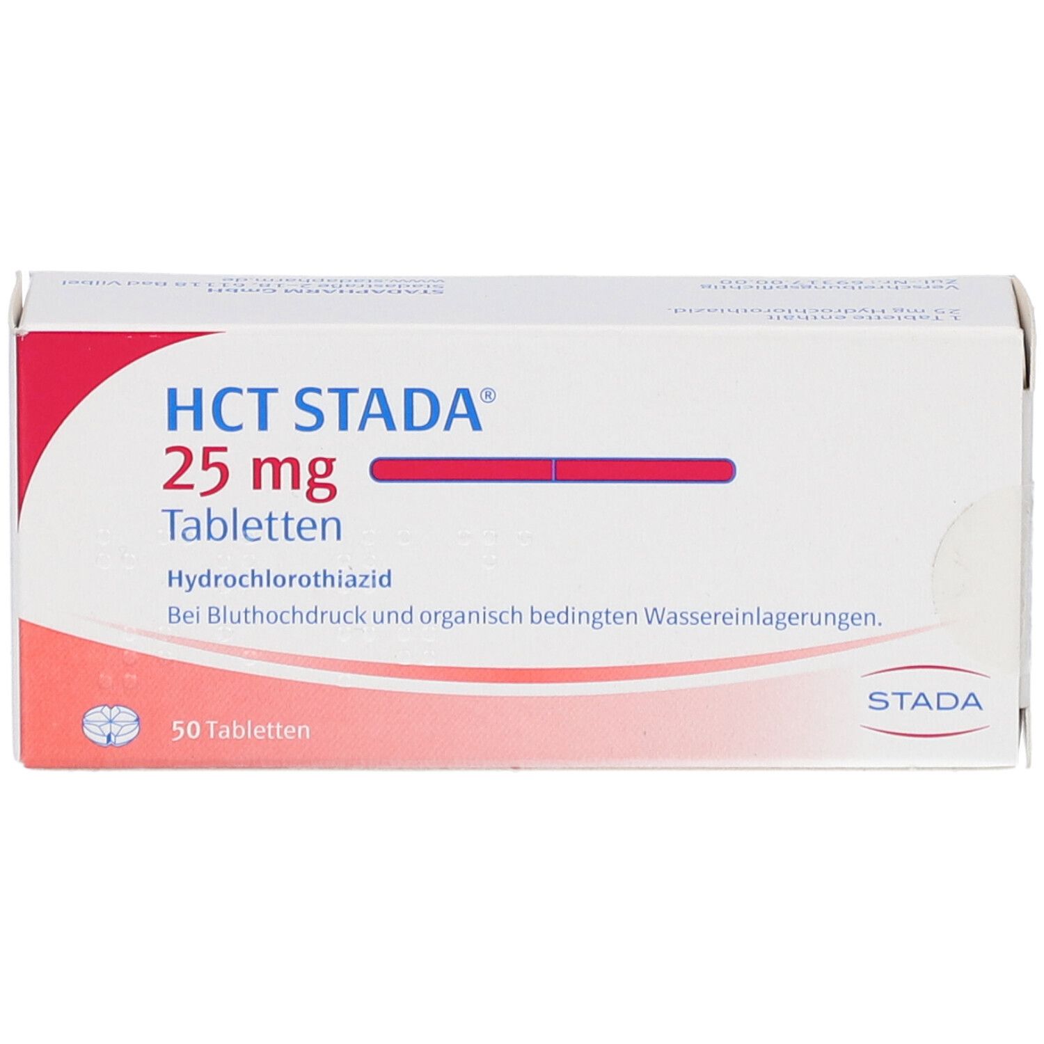 Schachtel mit HCT STADA 25 mg Tabletten. Aufschrift: Hydrochlorothiazid, 50 Tabletten. Roter Streifen. STADA Logo.