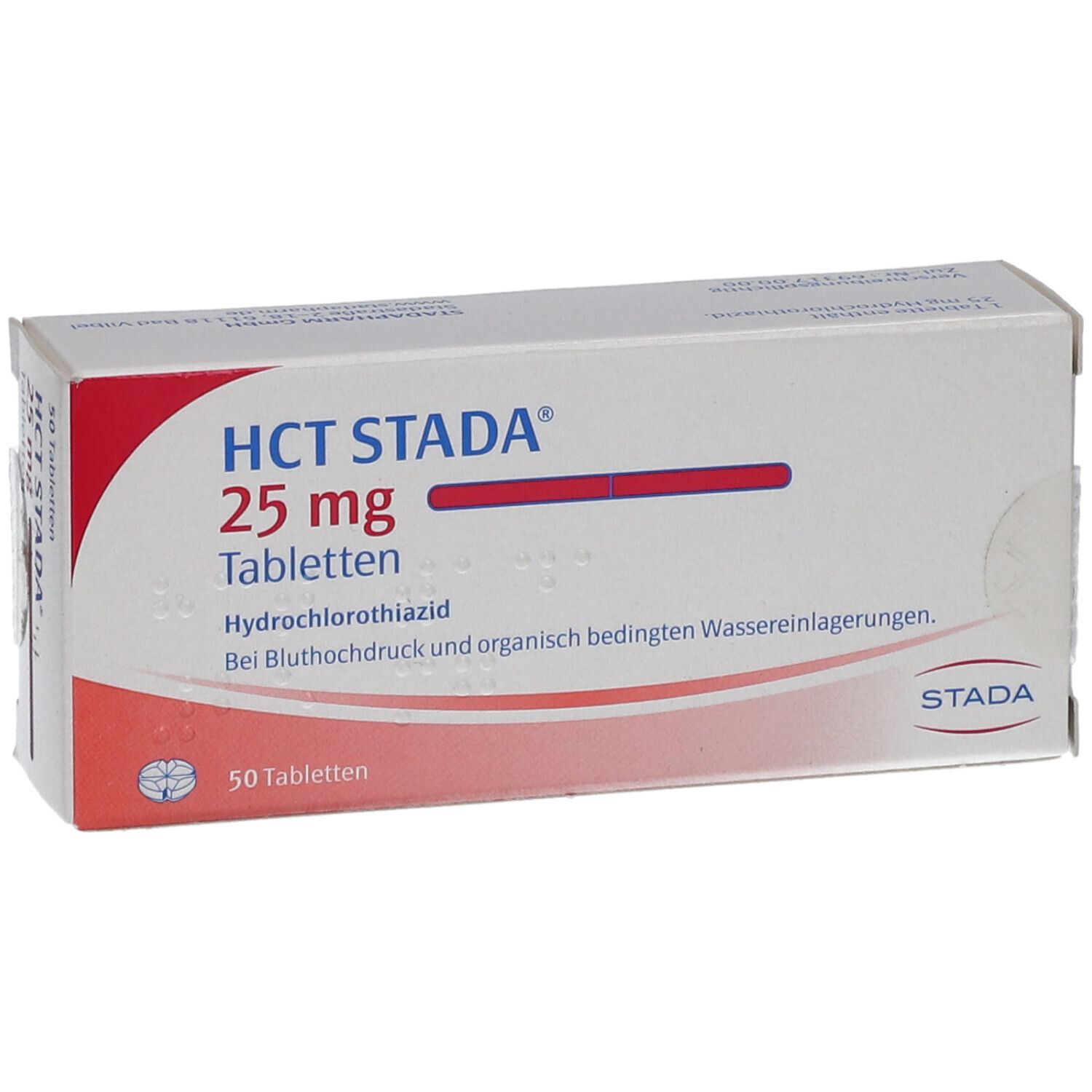 Schachtel mit HCT STADA 25 mg Tabletten. Aufschrift: Hydrochlorothiazid, 50 Tabletten. Roter Streifen. STADA Logo.