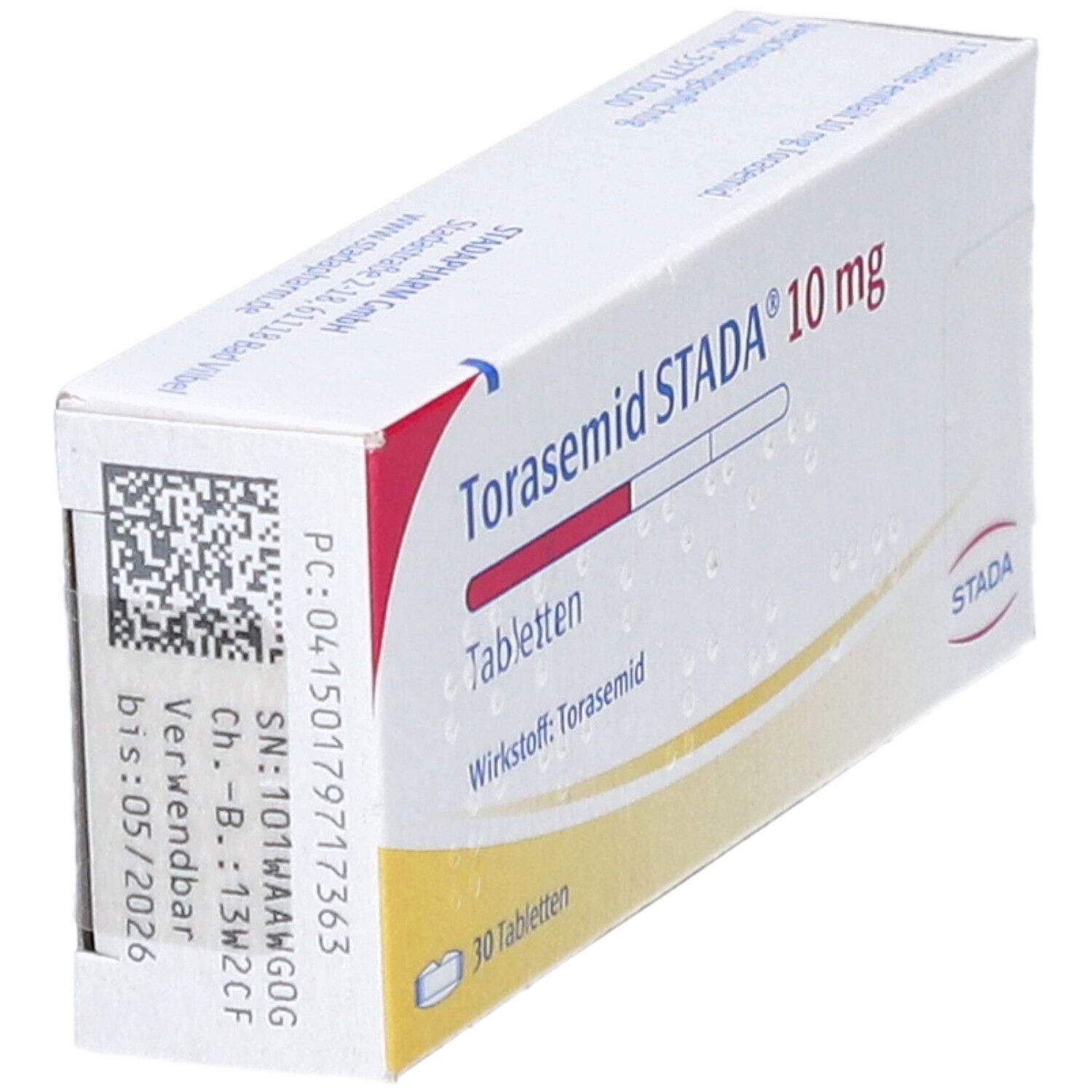 Schachtel Torasemid STADA 10 mg Tabletten. Aufdruck mit Chargennummer und Verfallsdatum. STADA Logo.
