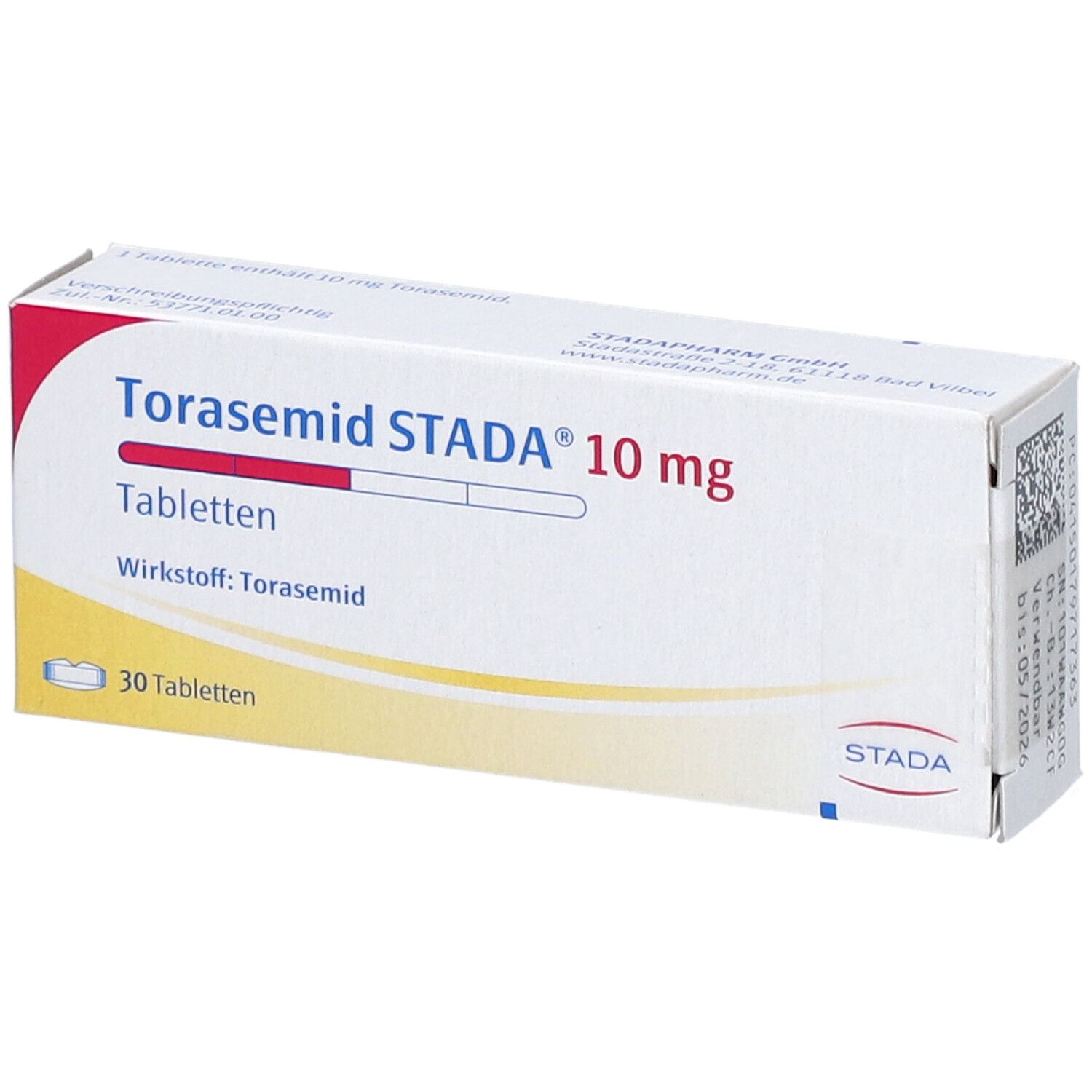 Schachtel mit Torasemid STADA 10 mg Tabletten. Aufschrift: 30 Tabletten. STADA Logo.