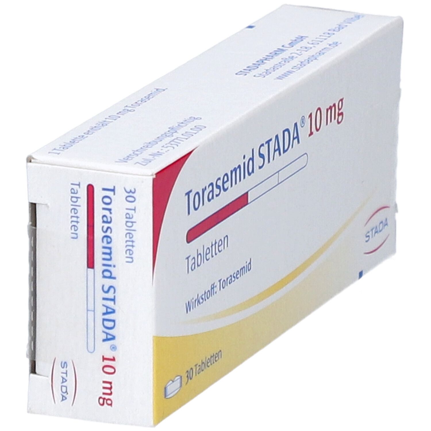 Schachtel Torasemid STADA 10 mg Tabletten. Aufschrift: 30 Tabletten. STADA Logo. Ansicht von der Seite.