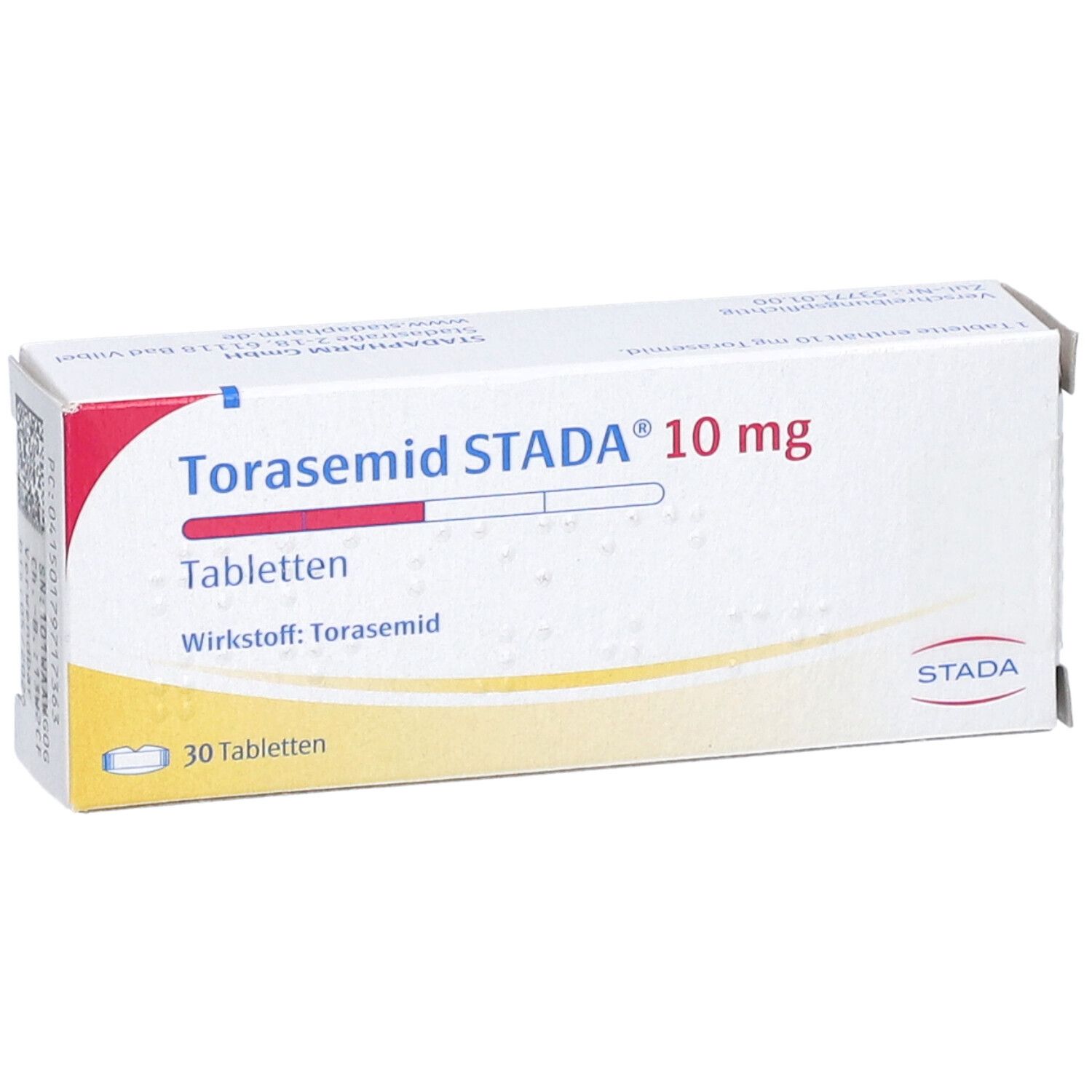 Schachtel mit Torasemid STADA 10 mg Tabletten. Aufschrift: 30 Tabletten. STADA Logo.