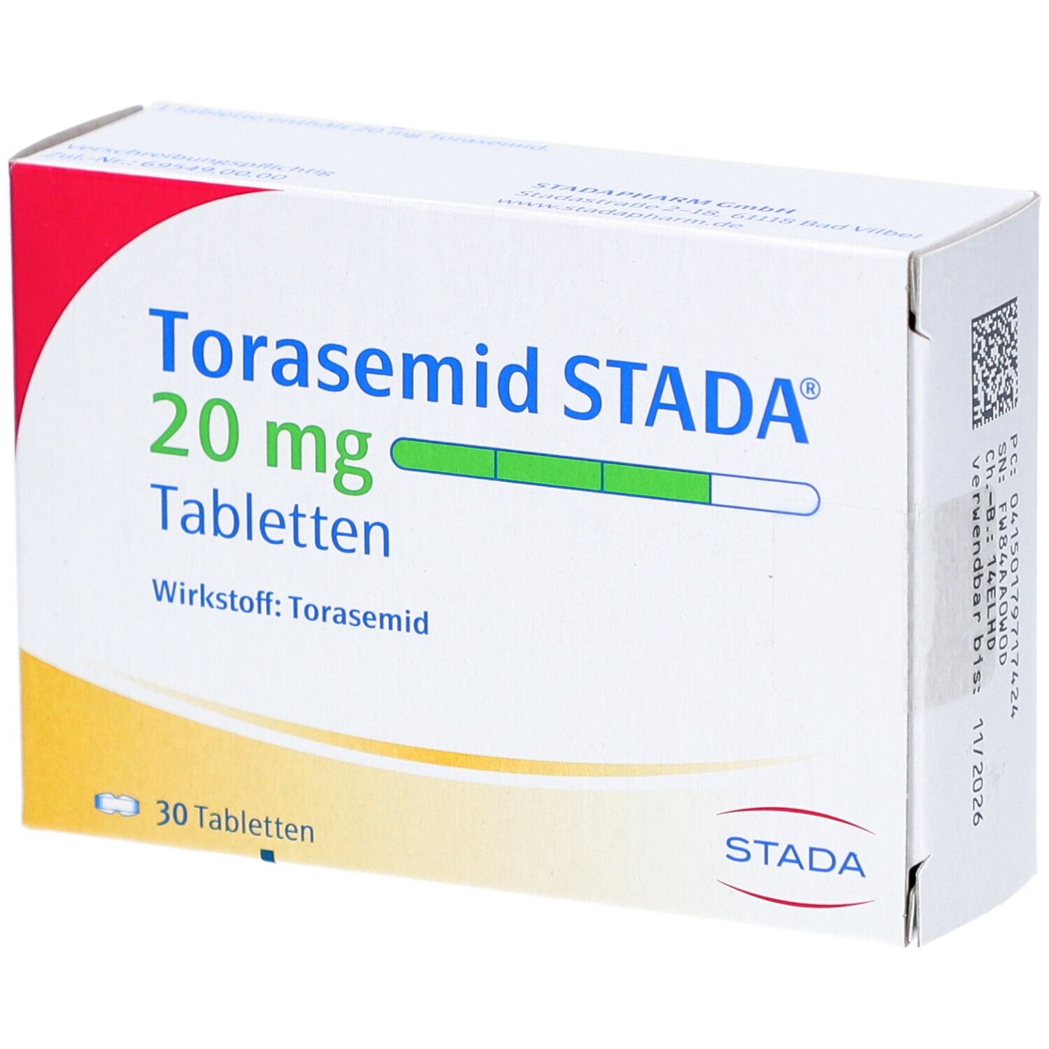 Schachtel mit Torasemid STADA 20 mg Tabletten. Aufschrift: 30 Tabletten. Wirkstoff: Torasemid. Logo STADA.