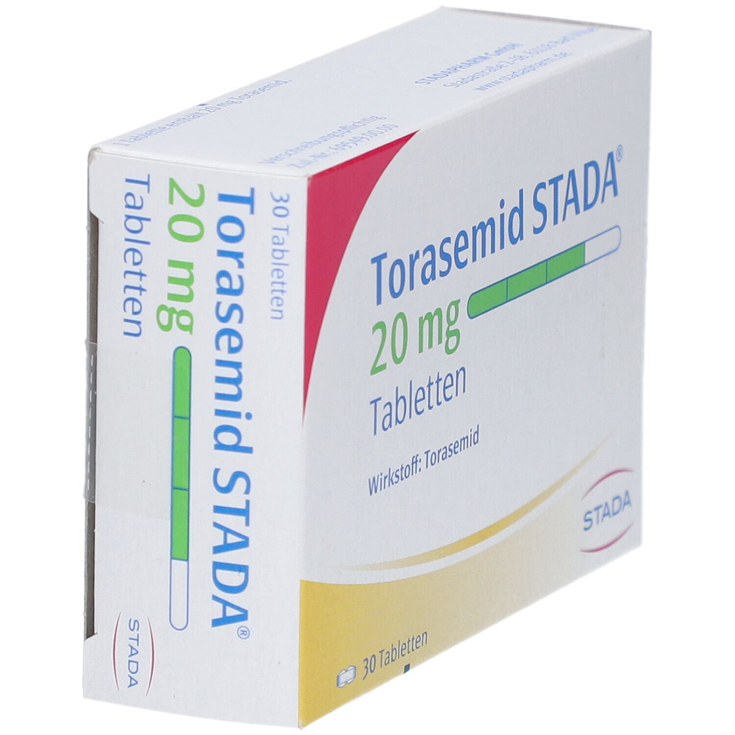 Schachtel mit Torasemid STADA 20 mg Tabletten. Aufschrift: 30 Tabletten. Wirkstoff: Torasemid. Logo STADA.