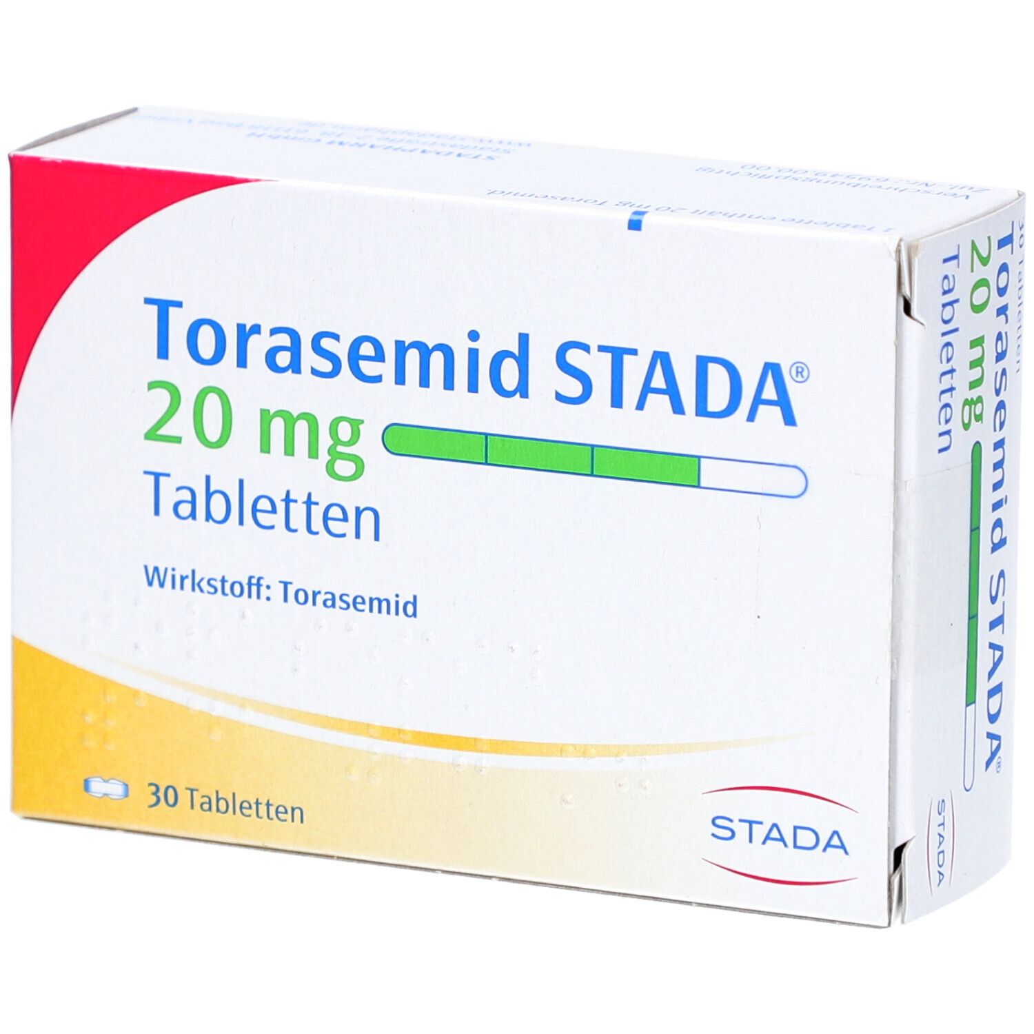 Schachtel mit Torasemid STADA 20 mg Tabletten. Aufschrift: 30 Tabletten. Wirkstoff: Torasemid. Logo STADA.