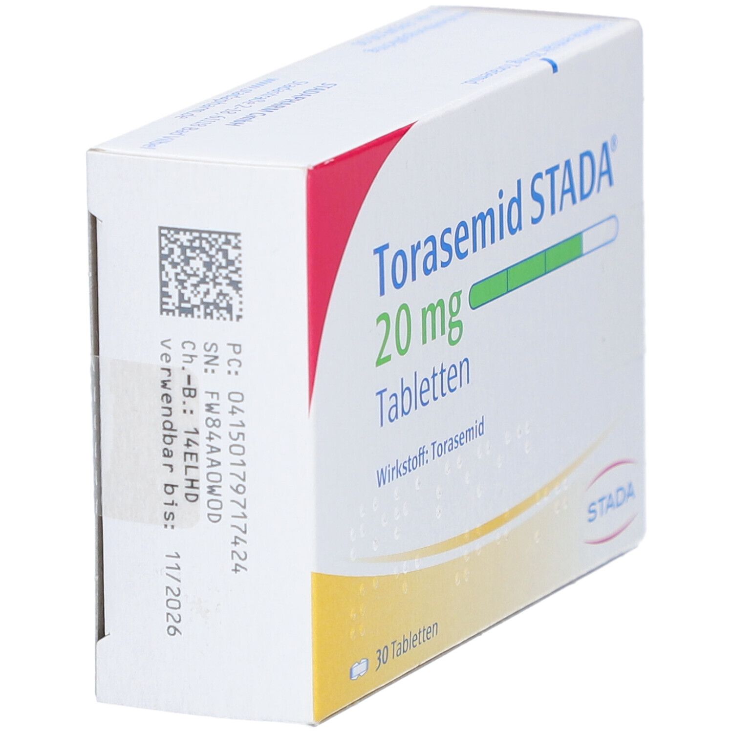 Schachtel mit Torasemid STADA 20 mg Tabletten. Aufschrift: 30 Tabletten. Wirkstoff: Torasemid. Logo STADA.