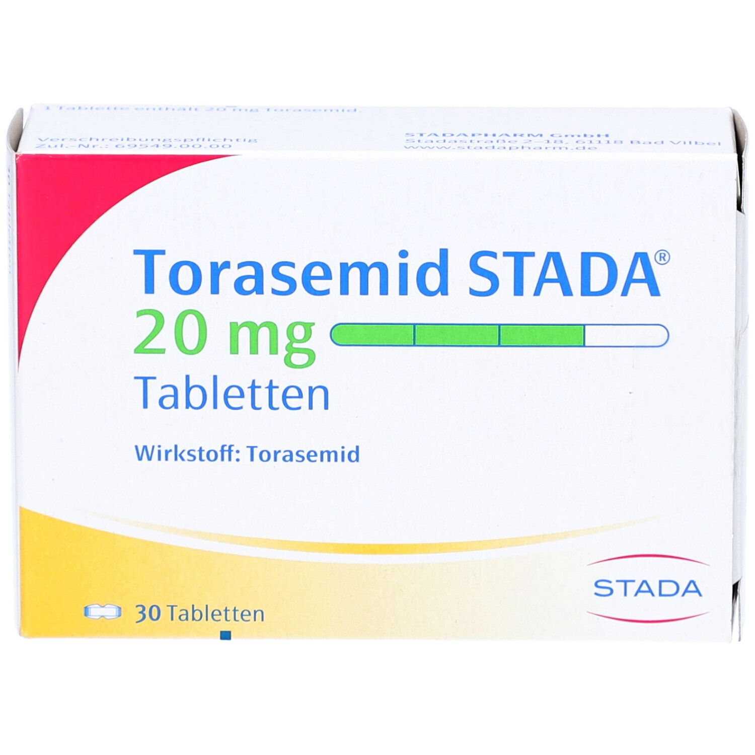 Schachtel mit Torasemid STADA 20 mg Tabletten. Aufschrift: 30 Tabletten. Wirkstoff: Torasemid. Logo STADA.