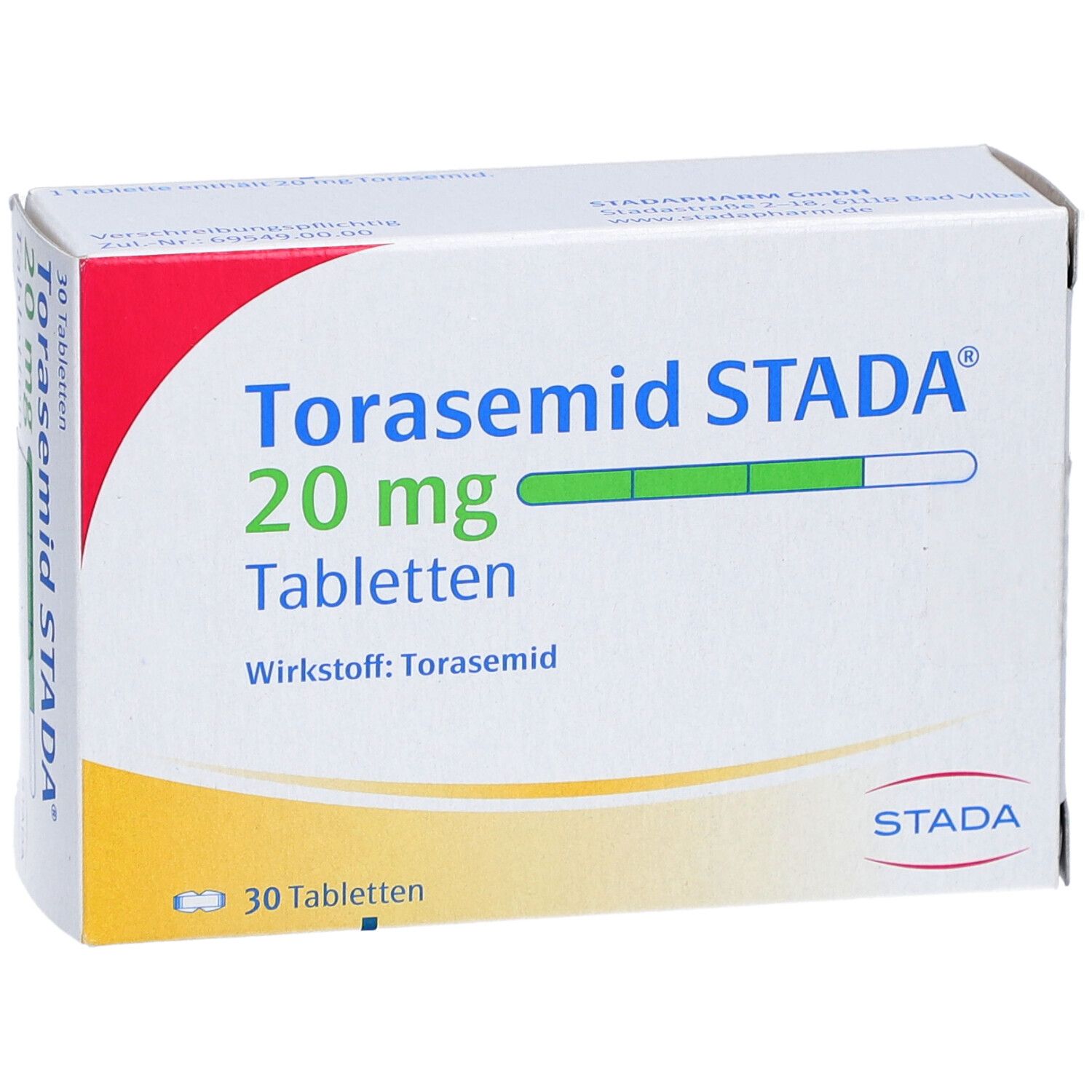 Schachtel mit Torasemid STADA 20 mg Tabletten. Aufschrift: 30 Tabletten. Wirkstoff: Torasemid. Logo STADA.