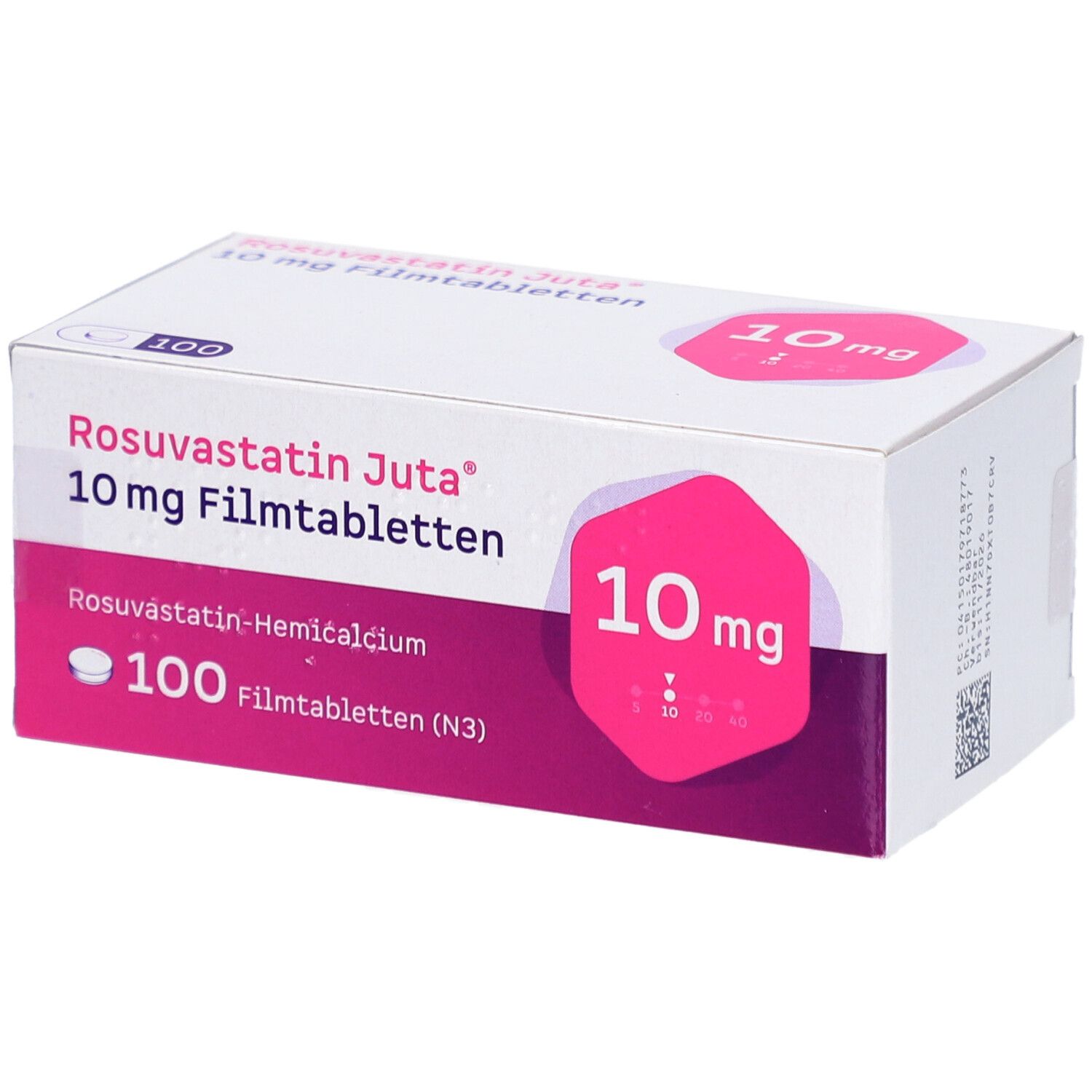 Schachtel mit ROSUVASTATIN Juta 10 mg Filmtabletten. Aufdruck: 10 mg, 100 Filmtabletten. Rosa Akzent. Weißer Hintergrund.