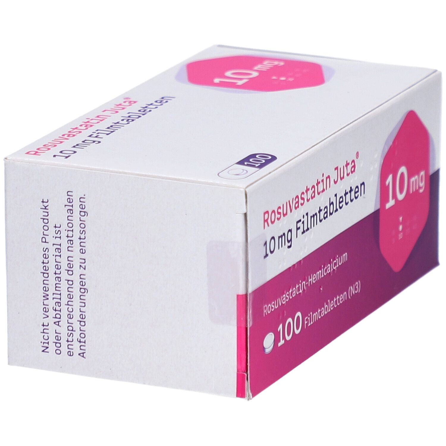 Schachtel ROSUVASTATIN Juta 10 mg Filmtabletten. Seitenansicht. Aufdruck: 10 mg, 100 Filmtabletten. Rosa Akzent. Weiß.
