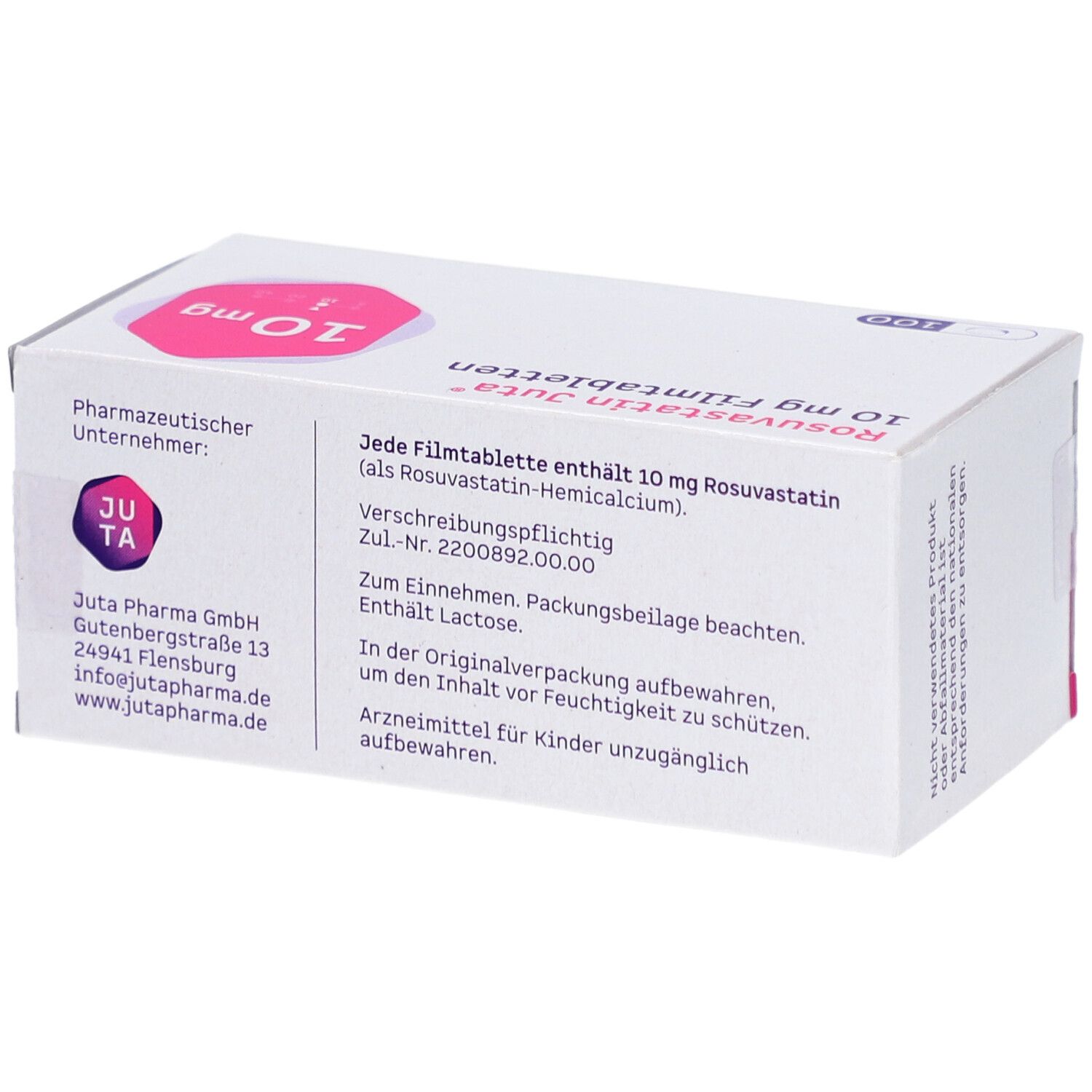 Rückseite der Schachtel ROSUVASTATIN Juta 10 mg Filmtabletten. Text: Pharmazeutischer Unternehmer, Inhaltsstoffe, Lagerung.