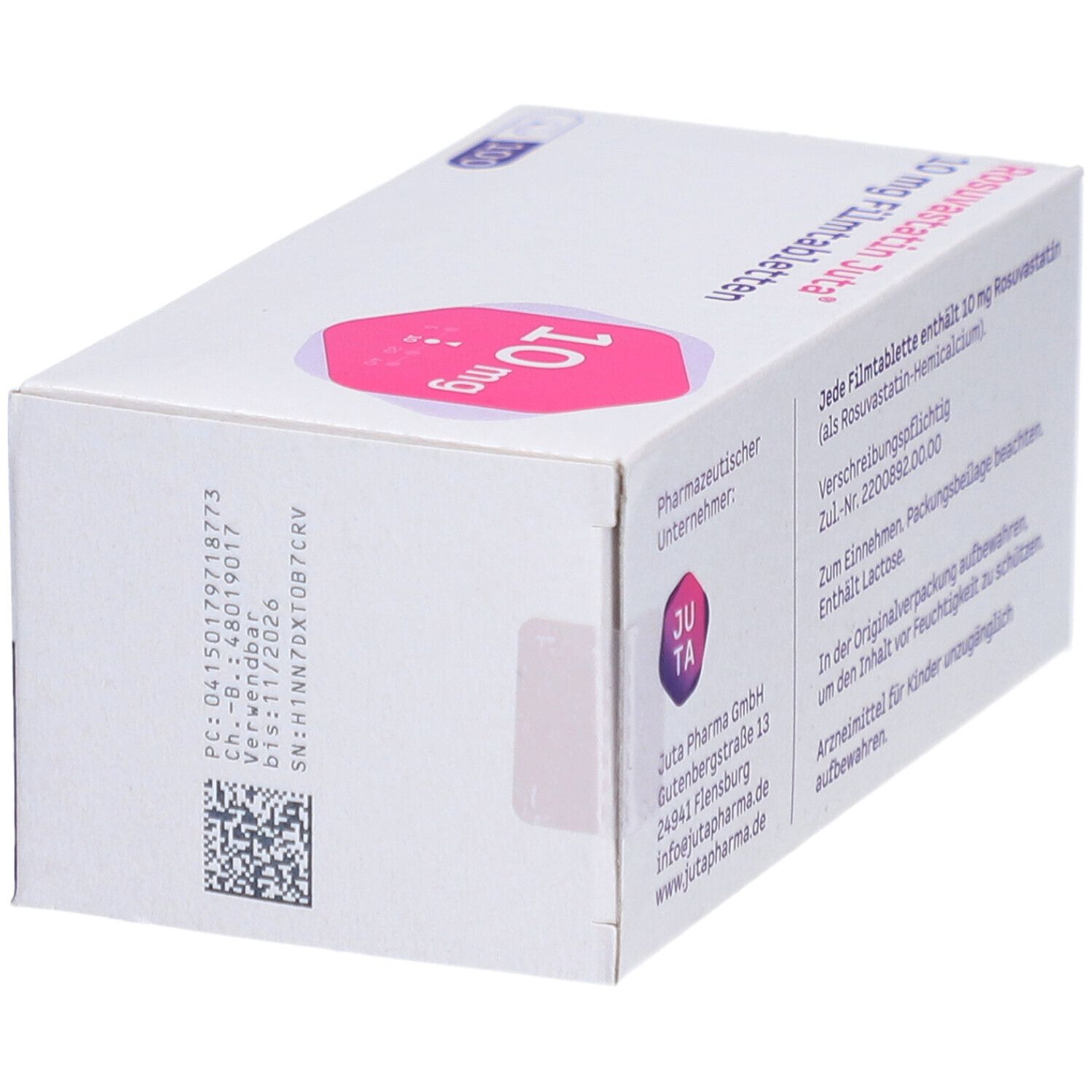 Schachtel ROSUVASTATIN Juta 10 mg Filmtabletten. Rückseite, Detail. Text, QR-Code. Weißer Hintergrund.
