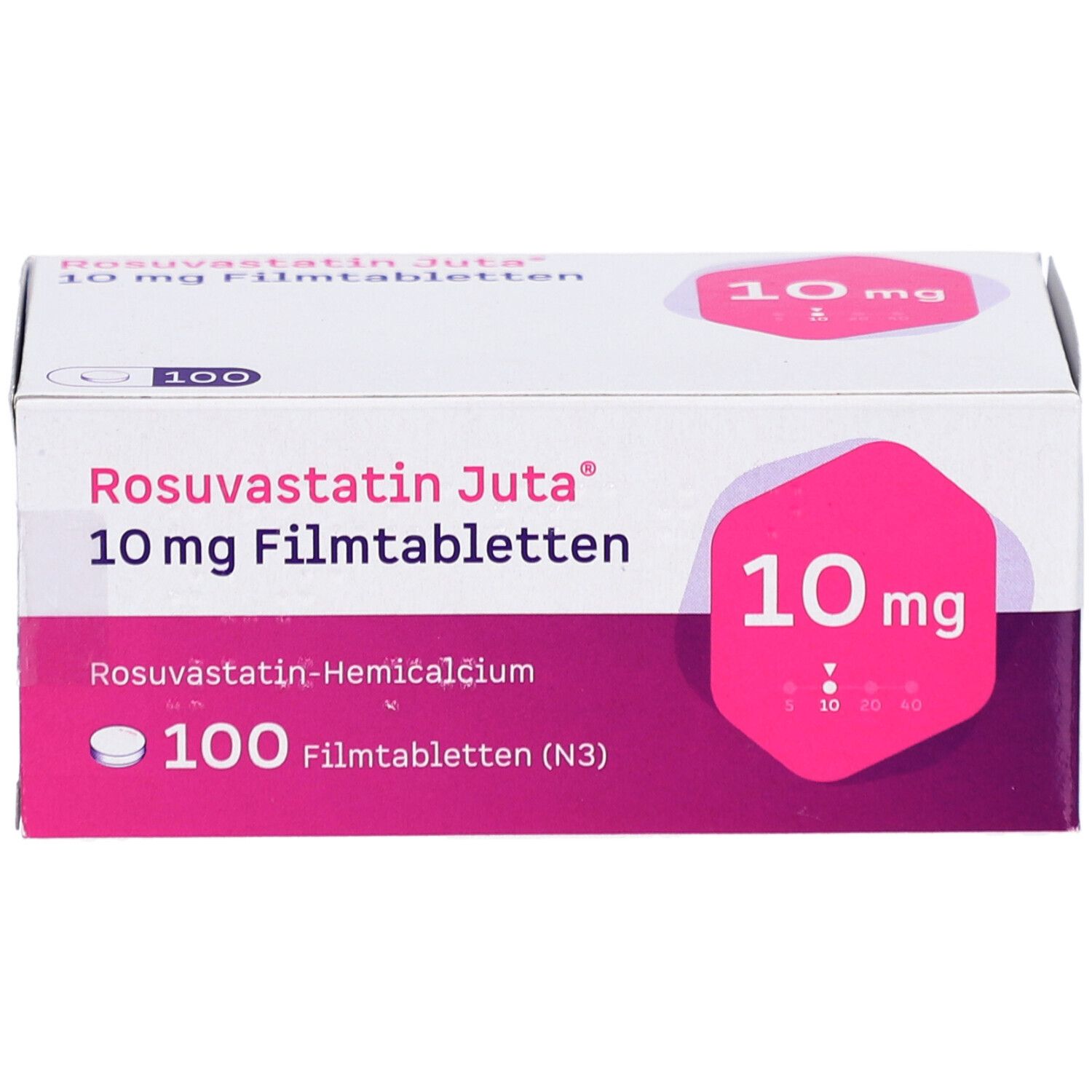 Schachtel ROSUVASTATIN Juta 10 mg Filmtabletten. Aufdruck: 10 mg, 100 Filmtabletten. Rosa Akzent. Weißer Hintergrund.