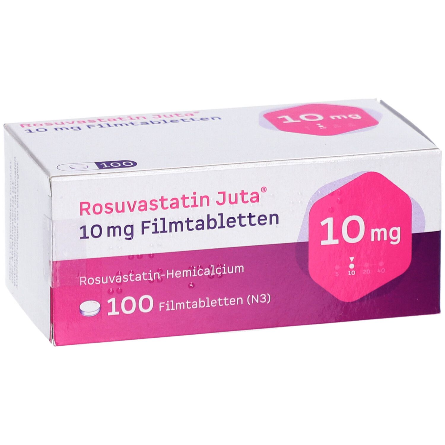 Schachtel ROSUVASTATIN Juta 10 mg Filmtabletten. Aufdruck: 10 mg, 100 Filmtabletten. Rosa Akzent. Weißer Hintergrund.