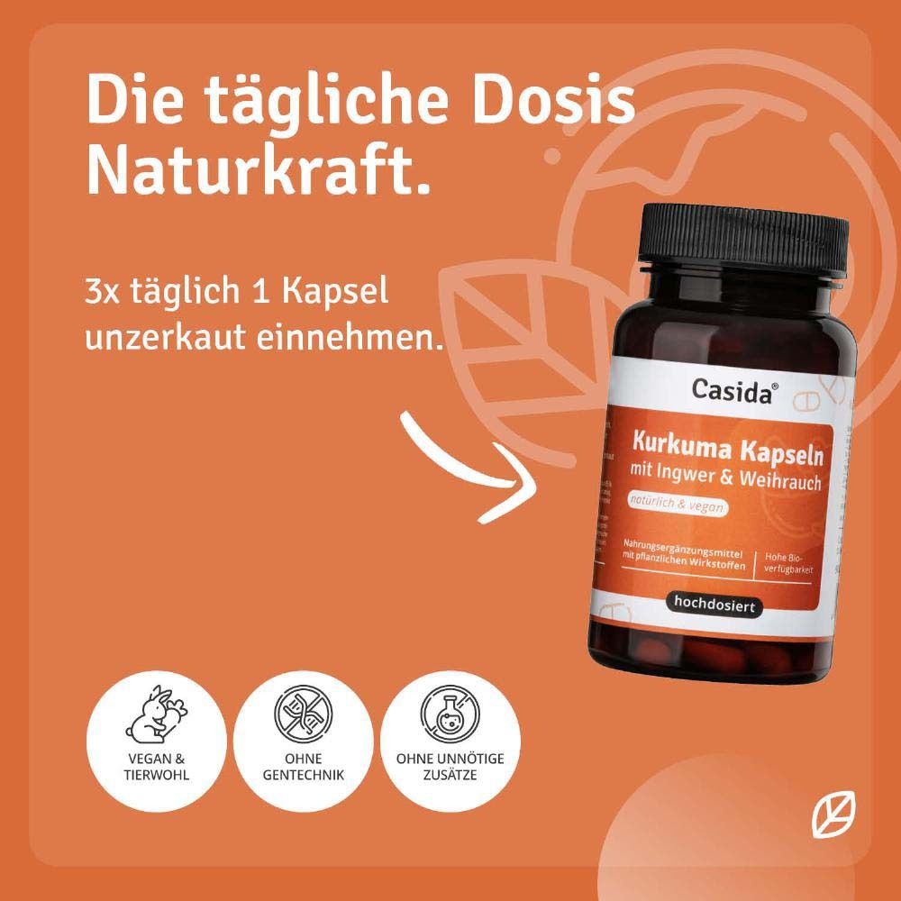 Produktflasche mit Text: 3x täglich 1 Kapsel unzerkaut einnehmen. Vegan & tierwohl, ohne Gentechnik, ohne Zusätze.