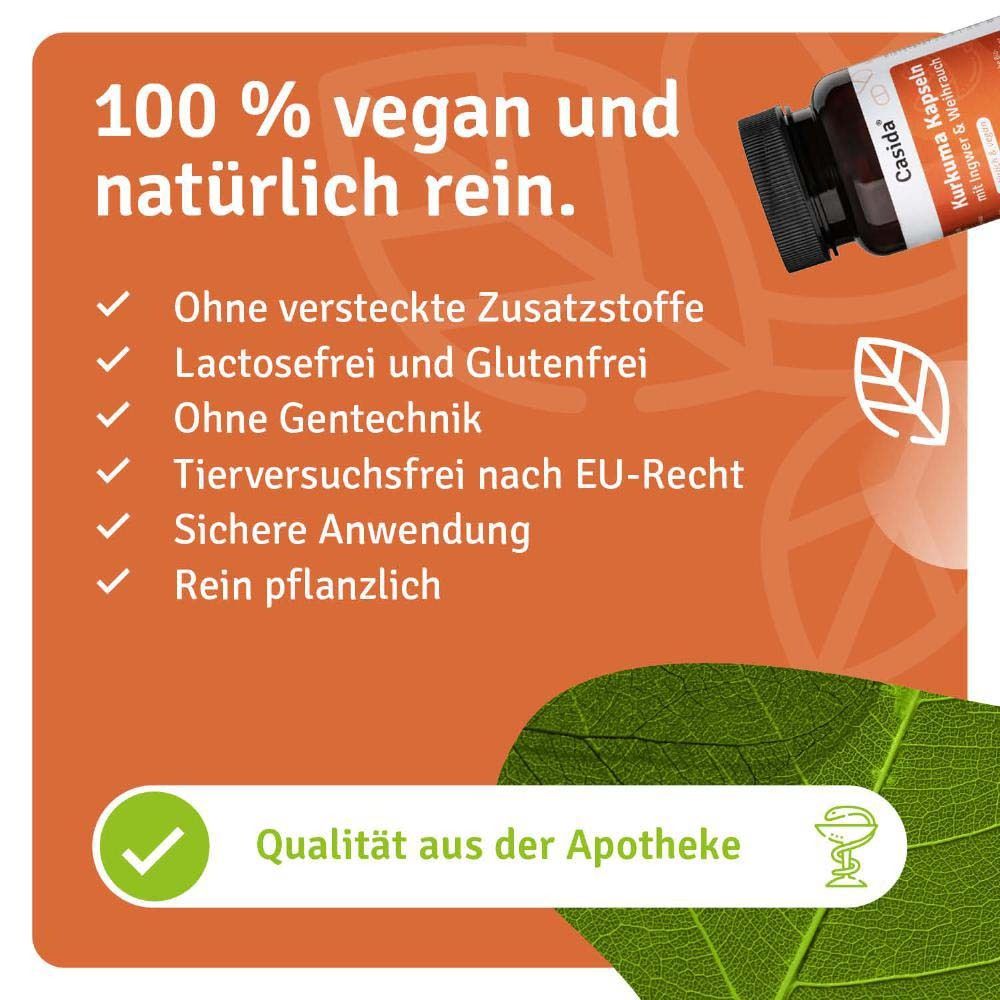 Text: Ohne versteckte Zusätze, lactosefrei, ohne Gentechnik, tierversuchsfrei, sichere Anwendung, rein pflanzlich. Apothekenqualität.