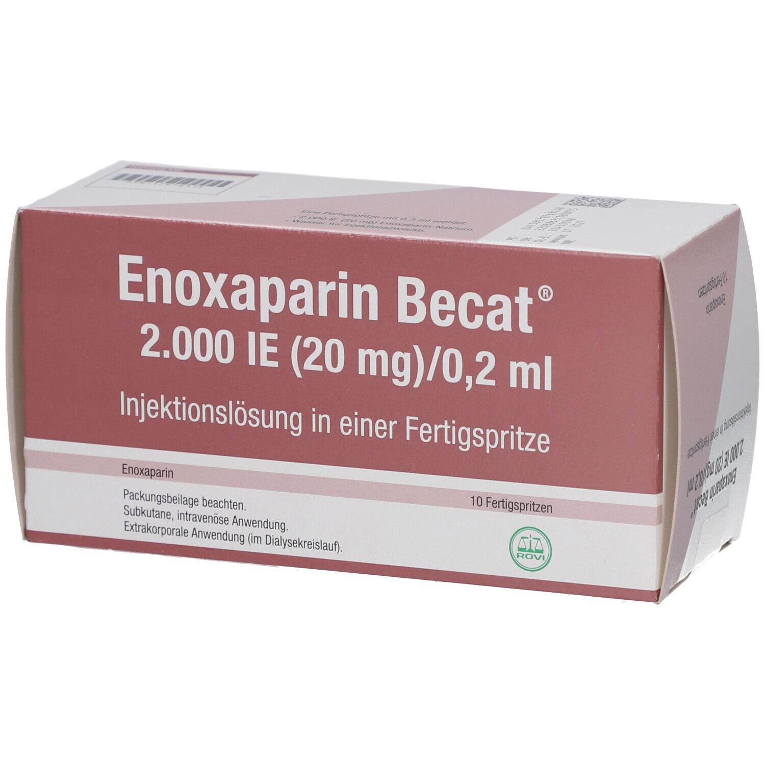 Schachtel mit Aufschrift Enoxaparin Becat 2.000 IE (20 mg)/0,2 ml. 10 Fertigspritzen. Rote und weiße Verpackung.
