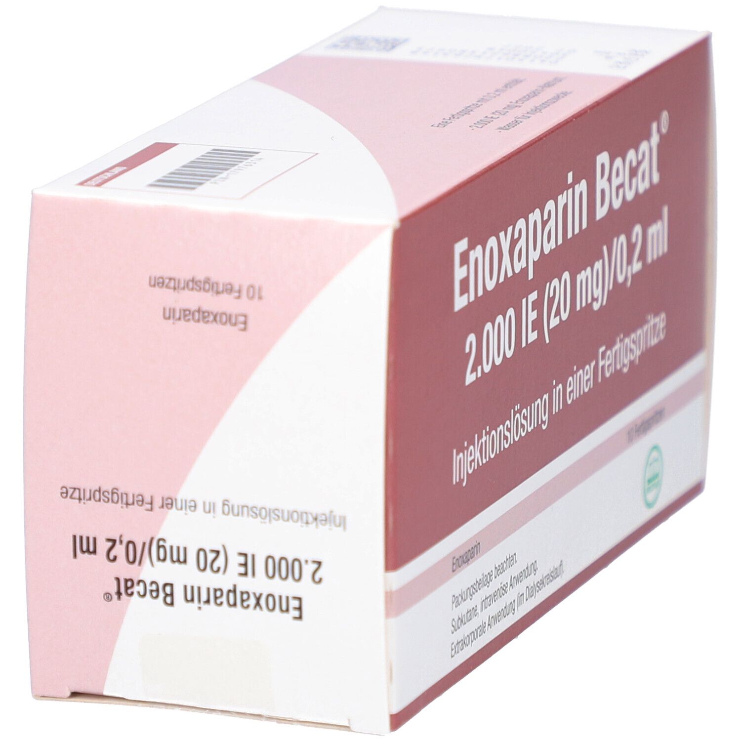 Schachtel Enoxaparin Becat 2.000 IE (20 mg)/0,2 ml. Rote und weiße Verpackung. Text und Logo sichtbar.