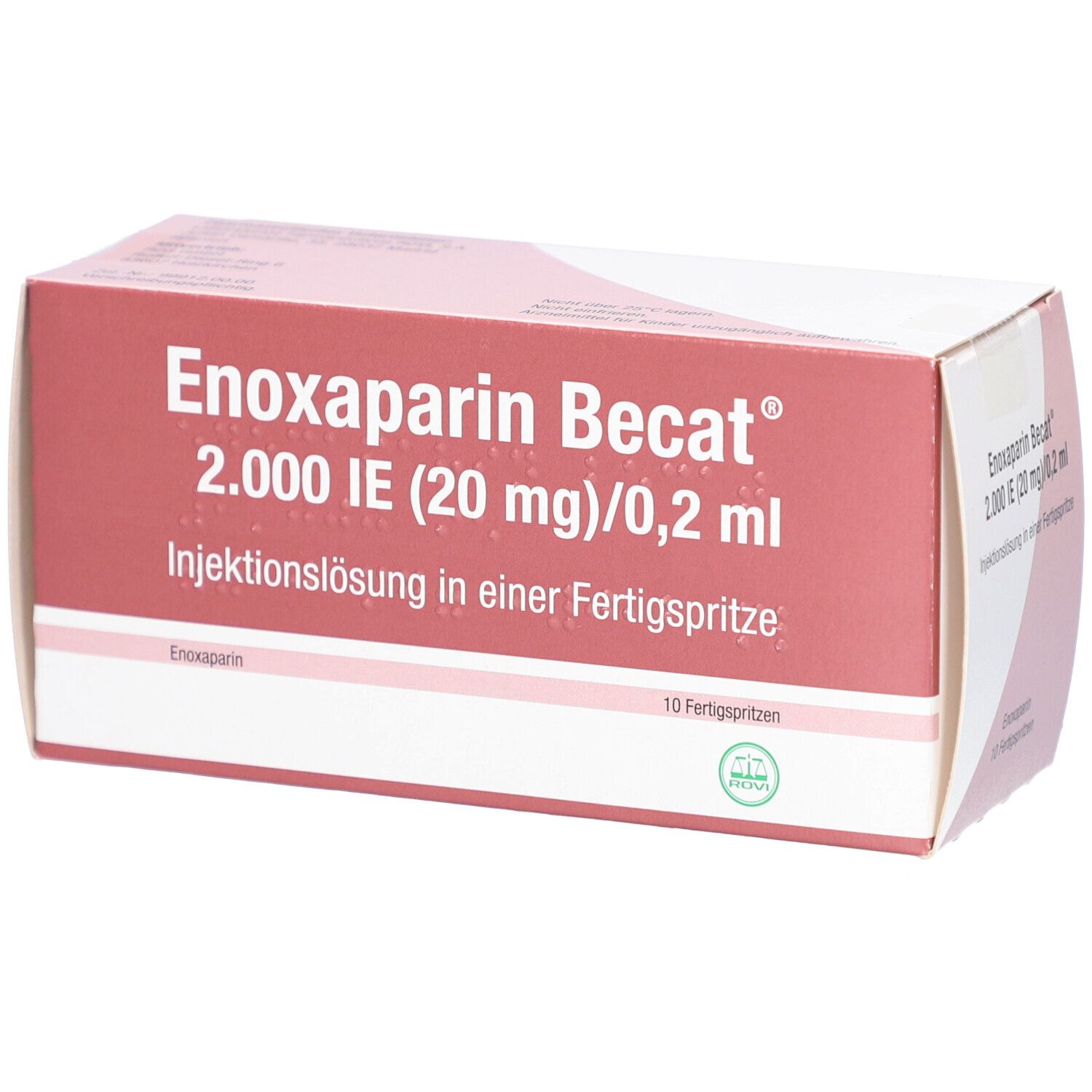 Schachtel Enoxaparin Becat 2.000 IE (20 mg)/0,2 ml. 10 Fertigspritzen. Rote und weiße Verpackung.