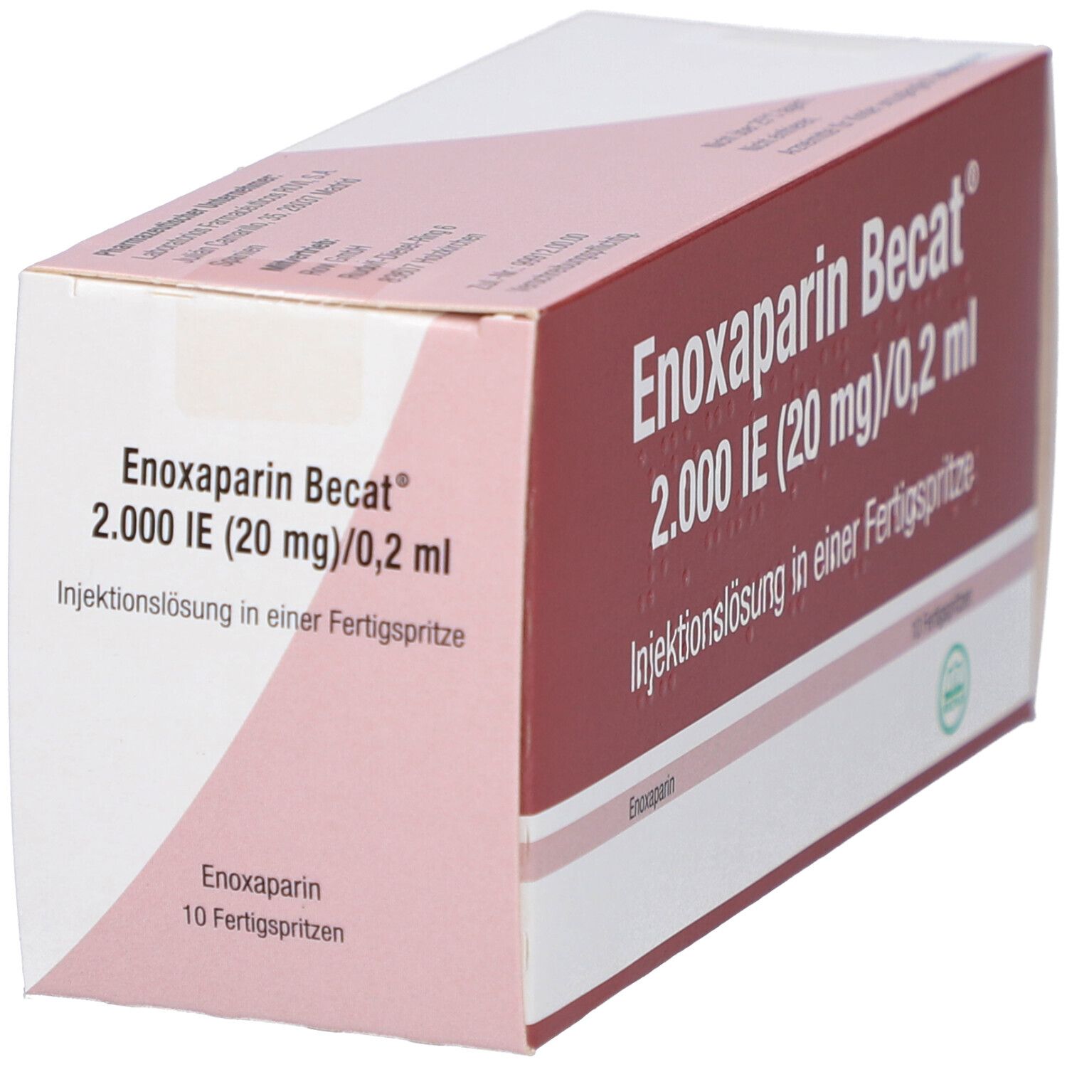 Schachtel Enoxaparin Becat 2.000 IE (20 mg)/0,2 ml. Rote und weiße Verpackung. Text und Logo sichtbar.