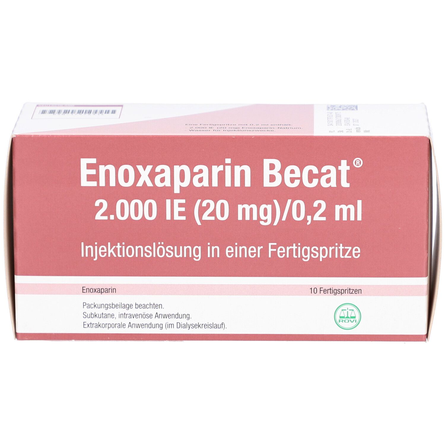 Schachtel Enoxaparin Becat 2.000 IE (20 mg)/0,2 ml. 10 Fertigspritzen. Rote und weiße Verpackung.
