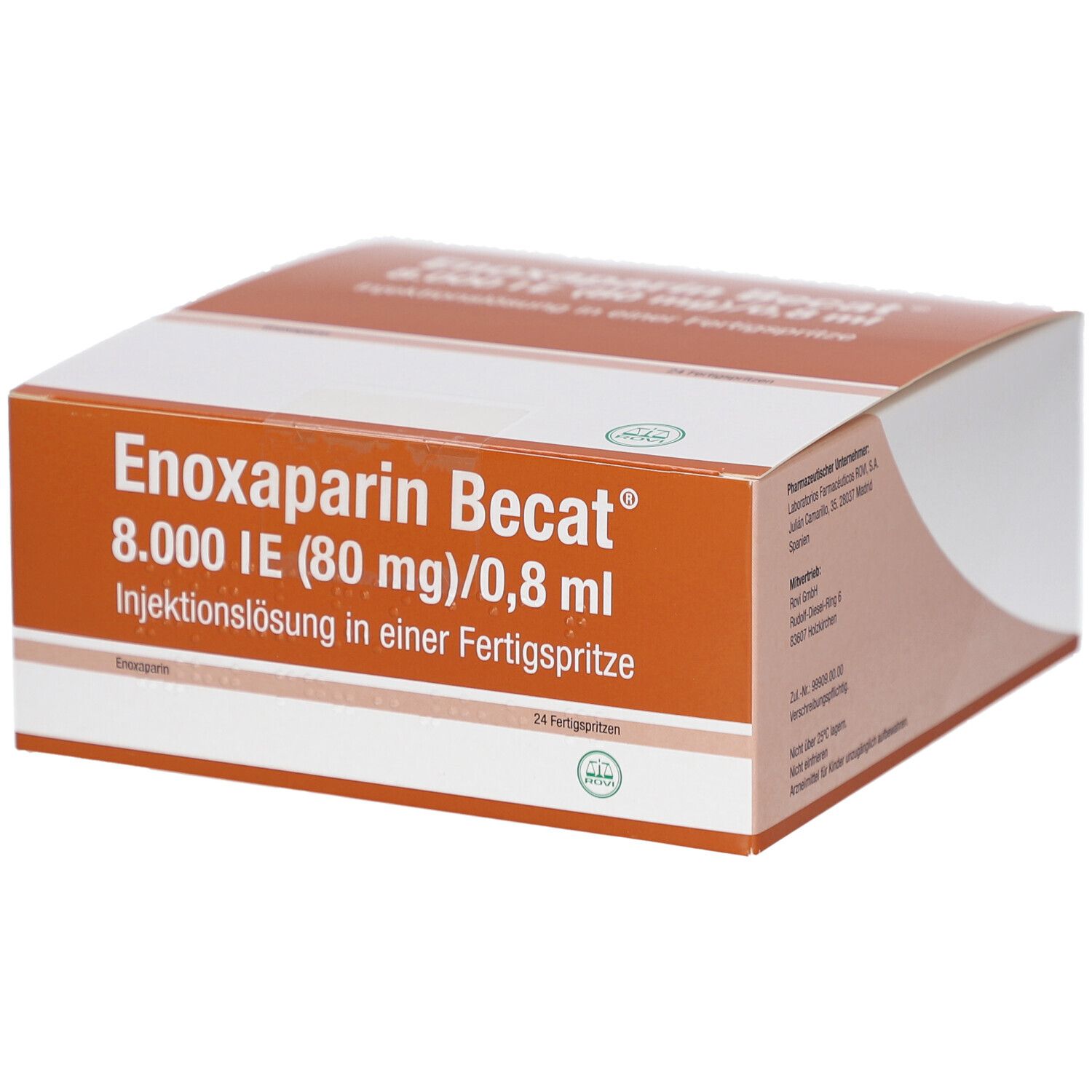 Karton mit Produktaufdruck: Enoxaparin Becat 8.000 IE (80 mg)/0,8 ml Injektionslösung in einer Fertigspritze. Orange-weiß.