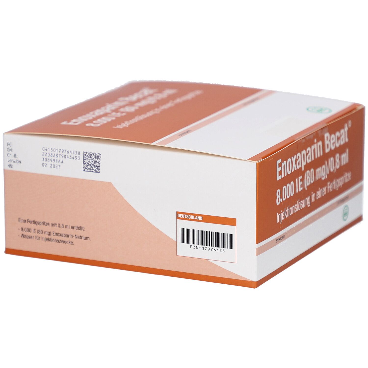Rückseite der Produktverpackung. Text: Enoxaparin Becat 8.000 IE (80 mg)/0,8 ml Injektionslösung in einer Fertigspritze. Barcode.