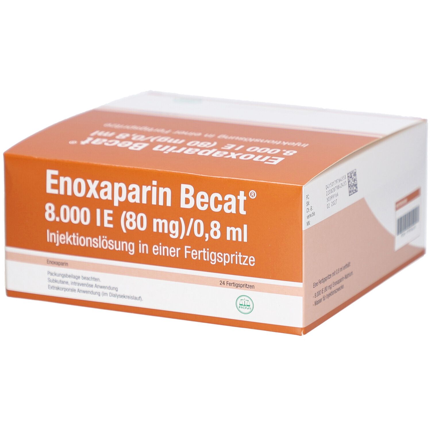 Produktverpackung mit Aufdruck: Enoxaparin Becat 8.000 IE (80 mg)/0,8 ml Injektionslösung in einer Fertigspritze. Orange-weiß.
