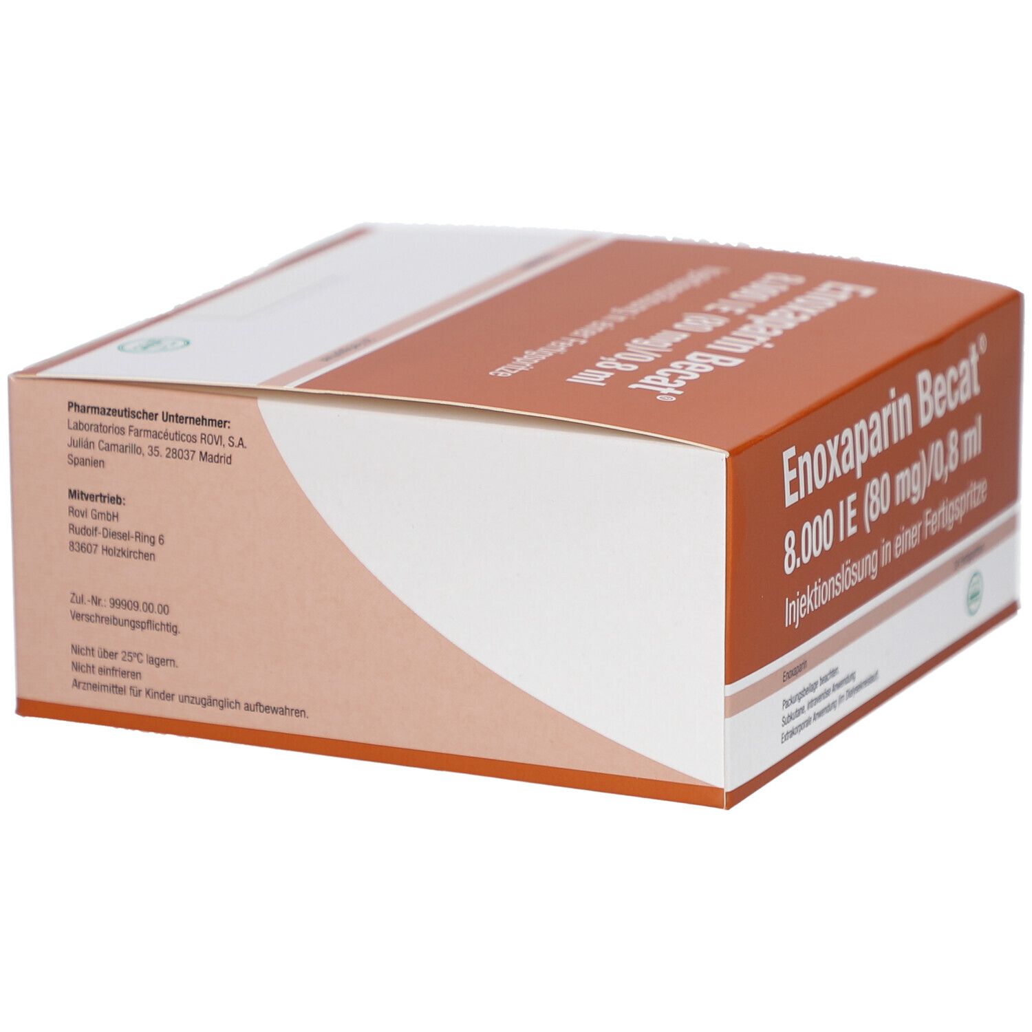 Produktverpackung. Aufdruck: Enoxaparin Becat 8.000 IE (80 mg)/0,8 ml Injektionslösung in einer Fertigspritze. Orange-weiß.