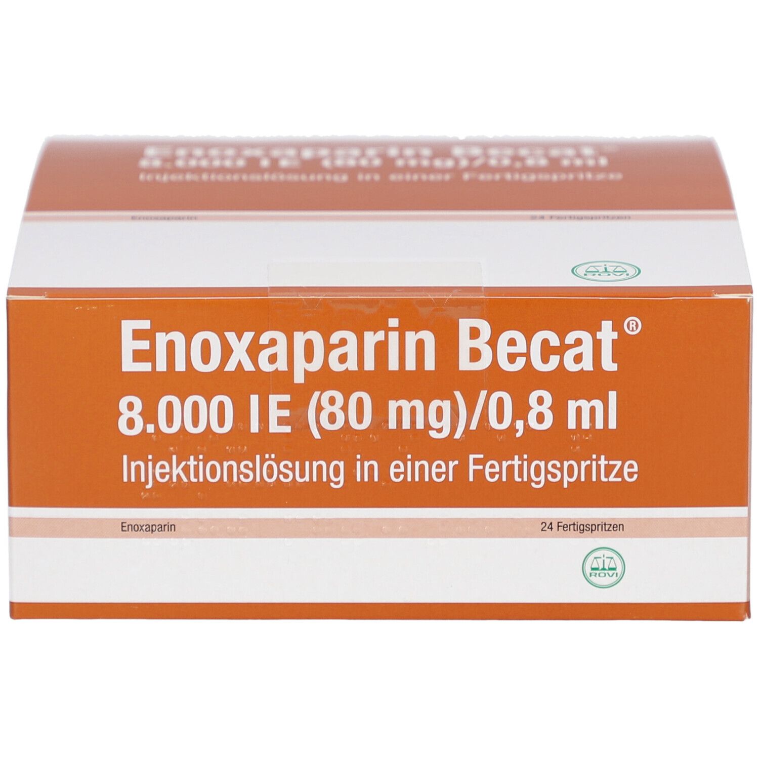 Produktverpackung mit Aufdruck: Enoxaparin Becat 8.000 IE (80 mg)/0,8 ml Injektionslösung in einer Fertigspritze. Orange-weiß.