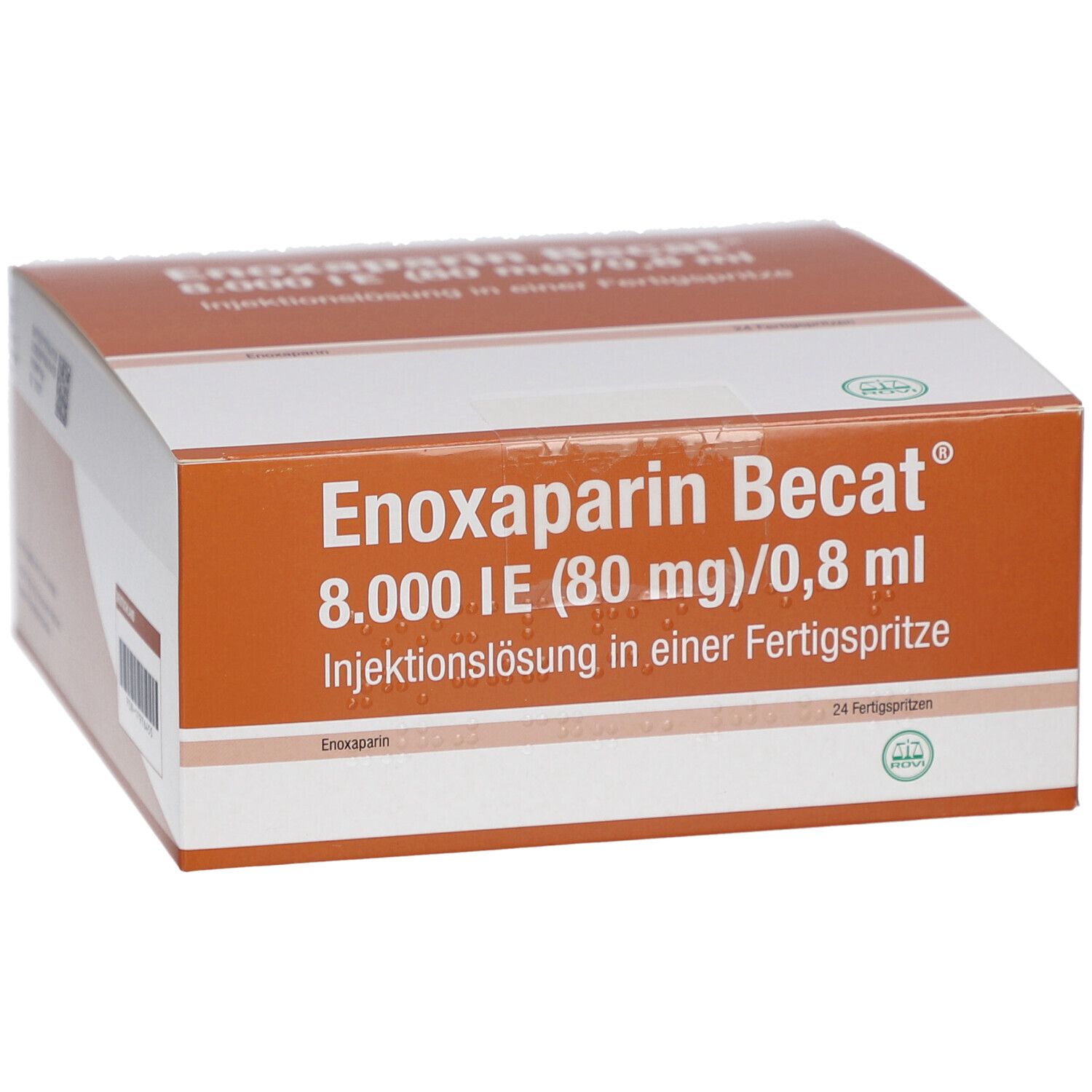 Produktverpackung mit Aufdruck: Enoxaparin Becat 8.000 IE (80 mg)/0,8 ml Injektionslösung in einer Fertigspritze. Orange-weiß.