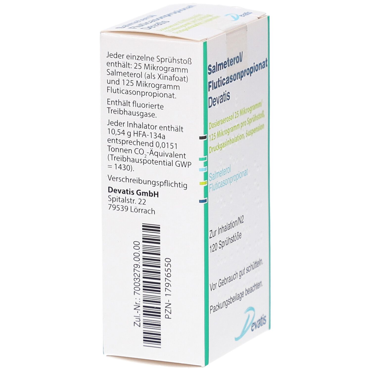 Karton, Seitenansicht. Text: Salmeterol/Fluticasonpropionat Devatis. Dosieraerosol. Barcode und weitere Produktinformationen. Devatis Logo.