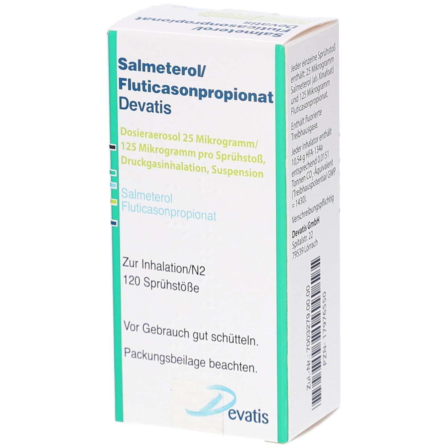Karton, Seitenansicht. Text: Salmeterol/Fluticasonpropionat Devatis. Dosieraerosol, 120 Sprühstöße. Devatis Logo.