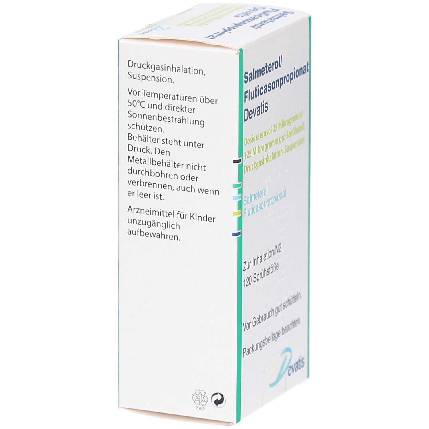Karton, Seitenansicht. Text: Druckgasinhalation, Suspension. Arzneimittel für Kinder unzugänglich aufbewahren. Devatis Logo.
