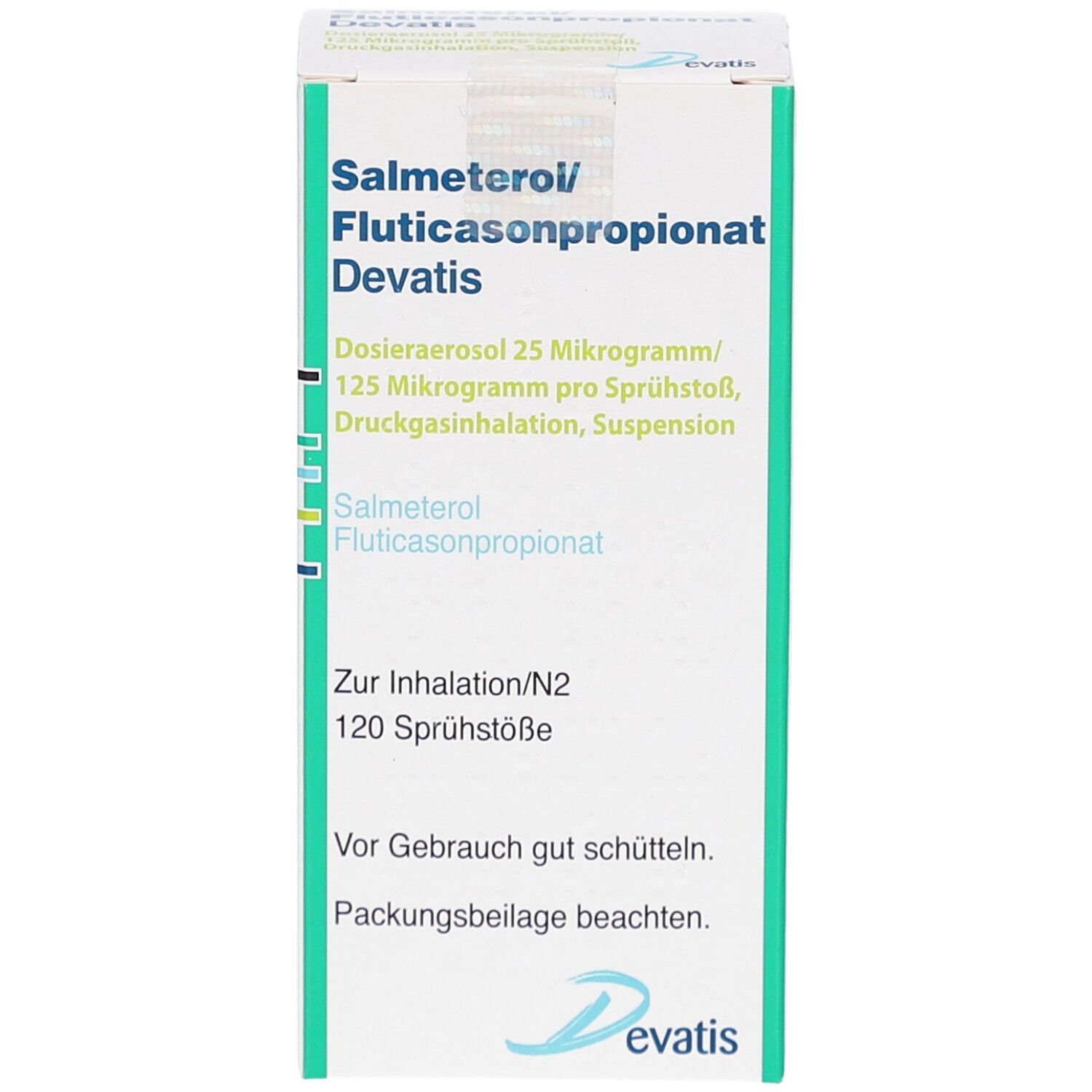 Karton mit Produktinformationen. Aufschrift: Salmeterol/Fluticasonpropionat Devatis. Dosieraerosol, 120 Sprühstöße. Devatis Logo.