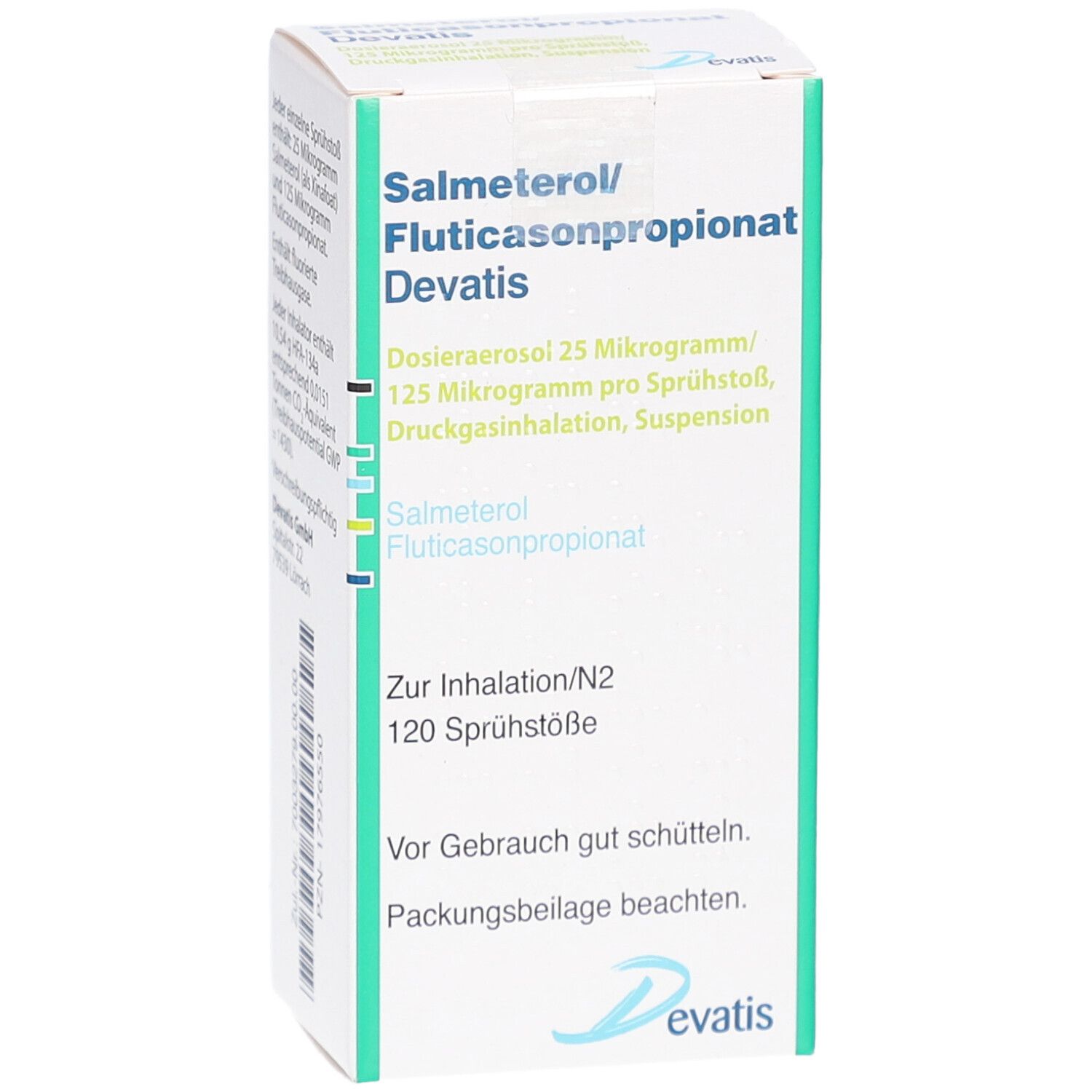 Karton mit Produktinformationen. Aufschrift: Salmeterol/Fluticasonpropionat Devatis. Dosieraerosol, 120 Sprühstöße. Devatis Logo.