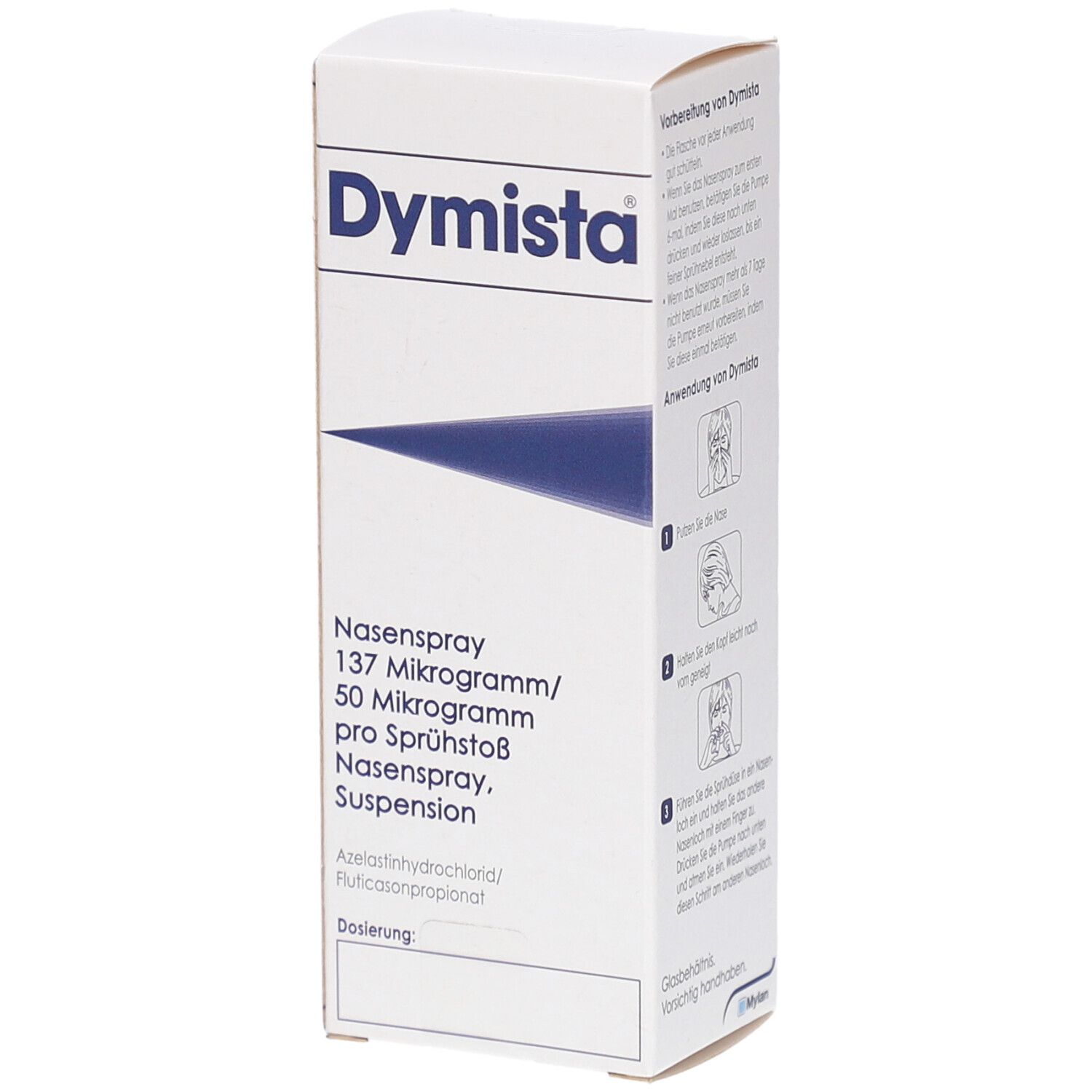 Weiße Verpackung mit blauem Akzent. Beschriftung: Dymista Nasenspray, 137 Mikrogramm/50 Mikrogramm pro Sprühstoß. Suspension.