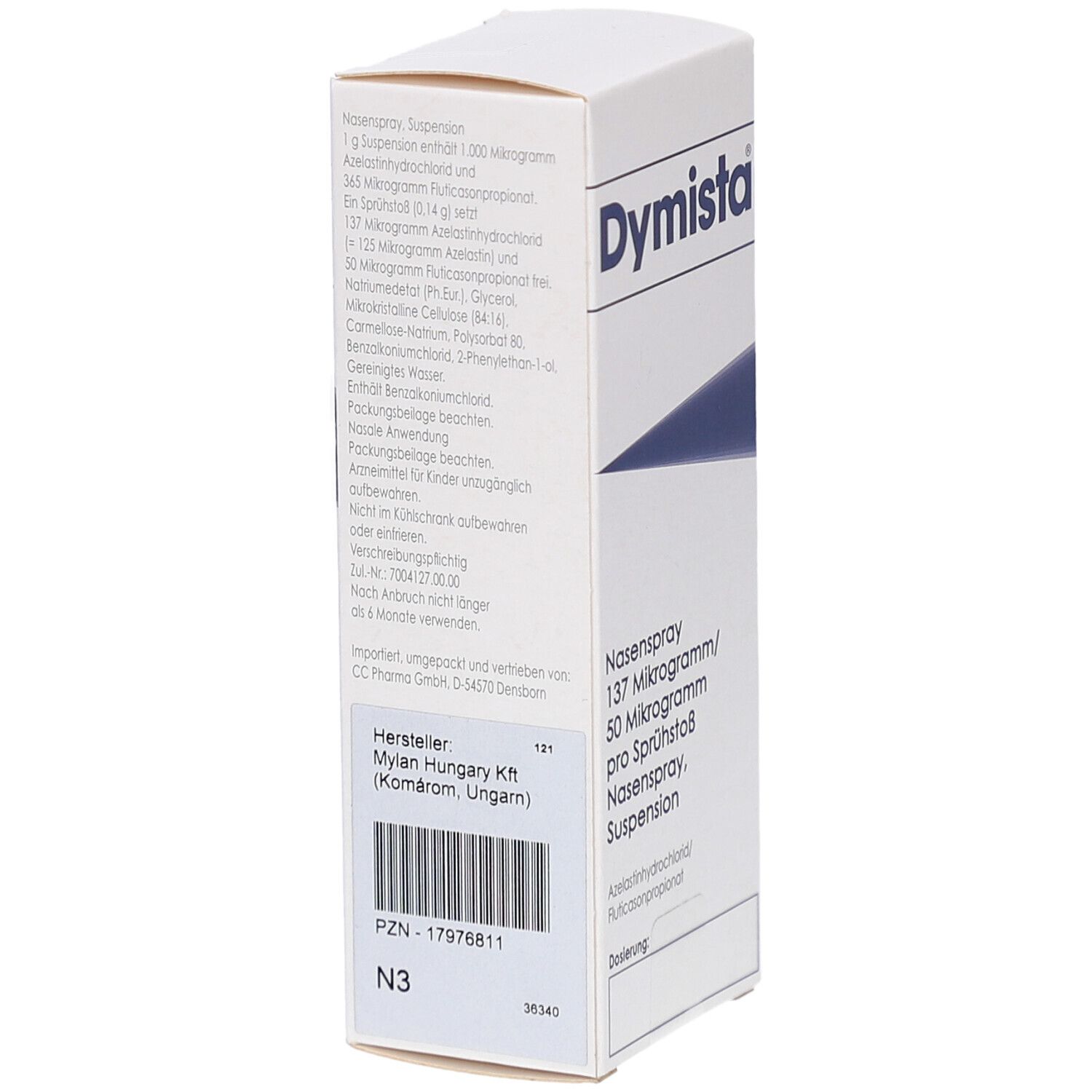 Weiße Verpackung, Rückseite mit Text und Barcode. Beschriftung: Dymista Nasenspray, 137 Mikrogramm/50 Mikrogramm pro Sprühstoß. Suspension.