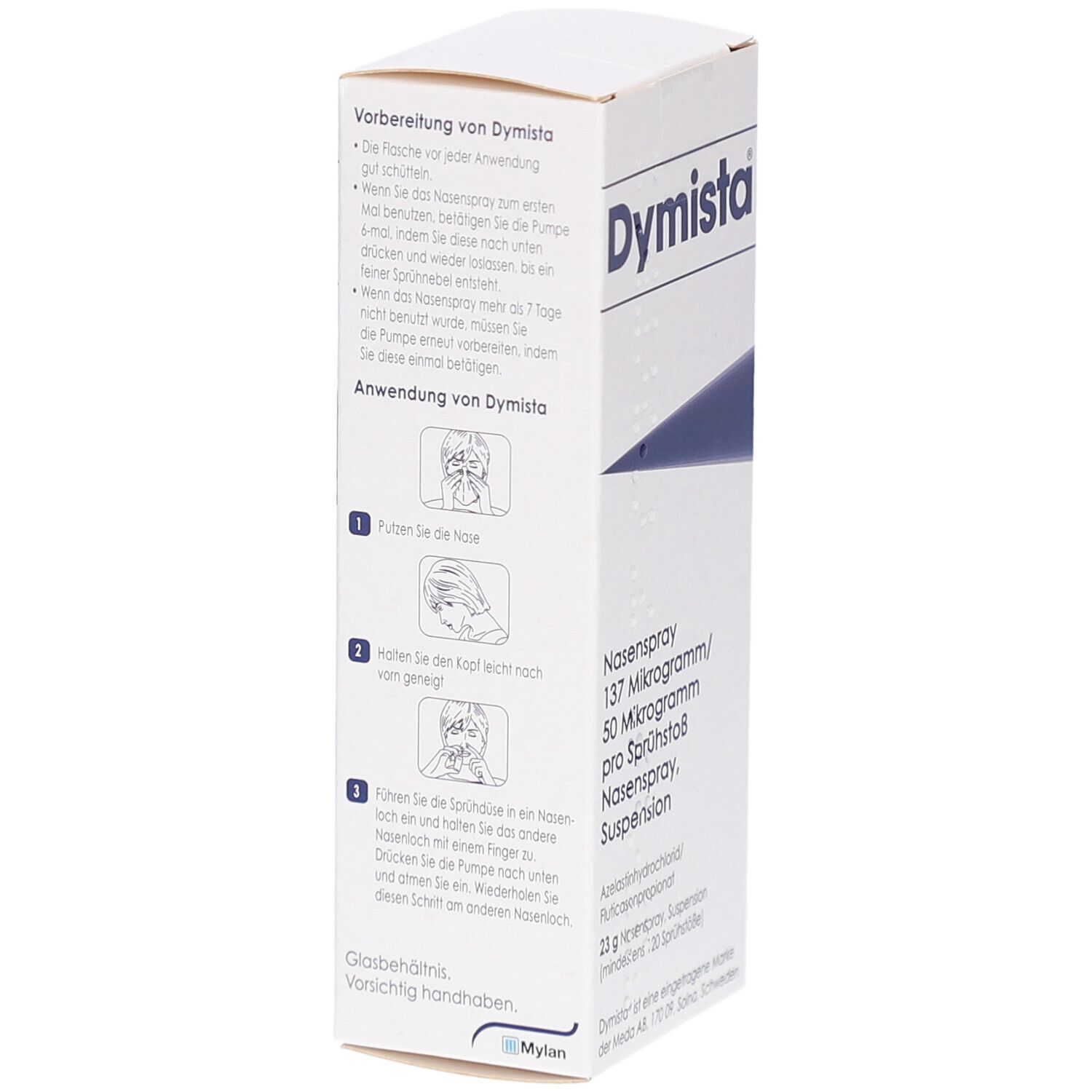 Weiße Verpackung mit Text und Illustrationen. Beschriftung: Dymista Nasenspray, 137 Mikrogramm/50 Mikrogramm pro Sprühstoß. Suspension.