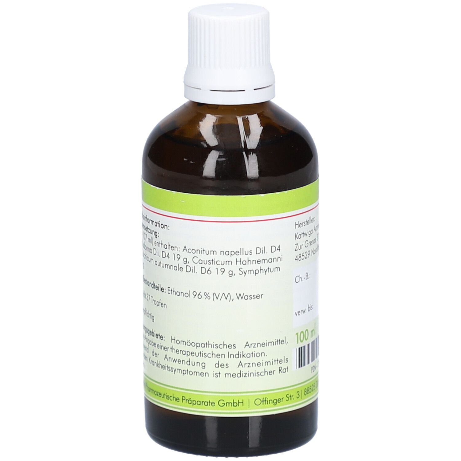 Rückseite der braunen Glasflasche. Etikett mit Inhaltsstoffen und weiteren Informationen. 100 ml.